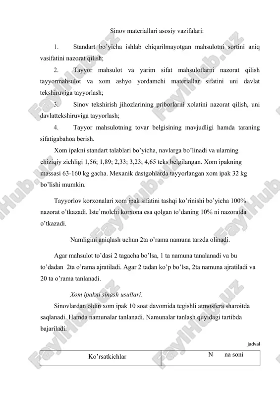 qiy zichligi orasidagi korrilyatsiya koeffitsiyenti: ch {t, parametr} xom ipakning chiziqiy zichligi uning o’rtacha diametri bilan korrilyatsiya koeffitsienti: ch {t, dsr x.i} chiziqiy zichligi bo’yicha o’rtacha kvadratik og’ishi: g {t} chiziqiy zichligi bo’yicha variatsiya koeffitsienti. pilla chuvish uning chuvalish qobiliyatini aniqlash muhim: r=(bx/i:sh) . 100% vx/i-ipakning pilladan chiqishi: bx/i=(qx/i/qk) . 100% sh- ipakdorligi haqiqiy, konditsion va zichligi bo’yicha variatsiya koeffitsientlarini hisoblash. buning uchun 100 m o’rama 200 marta sinaladi. buning uchun chuvalish qobiliyati aniqlashda foydalanilgan xom ipak g’altaklaridan foydalaniladi. xom ipakning bog’lanmasligi. bu ko’rsatkich seriplan kamerasidagi x/i tashqi ko’rinishi bo’yicha aniqlanadi. xom ipakning nuqsonlari 2 xil: 1.mayda nuqsonlar bo’yicha 2.yirik nuqsonlar bo’yicha tozaligi. mayda nuqsonlar bo’yicha tashqi ko’rinishini panelga o’ralgan ipdan 0,6 m masofada ko’rib baholanadi: 100, 90, 80, 70, 60, 50, 30, 10 etalonlar bilan baholanadi. yirik nuqsonlar bo’yicha tozaligi bog’lanmaslik koeffitsient aniqlashda foydalanilgan seriplandagi xom ipakka baho beriladi. bu erda nuqsonlarga 1,0%; 0,4%; 0,1% lik shkala bilan baholanadi. …