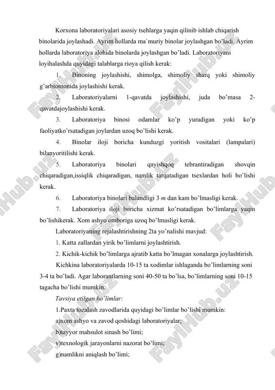 tolaning sifatni aniqlashning klasser usuli hvi tizimi yordamida aniqlash yo’lga qo’yilgan. 2.yigirish korxonalari laboratoriyalari: a)xom ashyoni sinash bo’limi; b)yarim mahsulotlarni sinash bo’limi; v)tayyor mahsulotni sinash bo’limi; g)namlikni aniqlash sinash bo’limi; d)iflosligini aniqlash bo’limi; e)agar ilmiy tekshirishlar rejalashtirilgan bo’lsa, geometrik xossalarni aniqlash bo’limi; j)fizik-mexanik xususiyatlarini aniqlash bo’limi; z)notekisligini baholash bo’limi. 3.to’quvchilik korxonalari laboratoriyalari: a)xom ashyoni sinash bo’limi; b)tayyor mahsulot bo’limi; v)texnologik jarayonlarni nazorat bo’limi; g)oxorlarni sinash bo’limi; d)namlikni aniqlash bo’limi; e)texnikaviy nazorat bo’limi. 4.ipak korxonalari laboratoriyalari. a)xom ashyoni sinash bo’limi; b)fizik-mexanik xossalarii sinash bo’limi; v)seriplan xonasi; g)qayta o’rash qobiliyatini sinash bo’limi; d)namlikni aniqlash bo’limi; e)kimyoviy laboratoriya; bu bo’limlarni odatda muhandislar boshqaradi. аsosiy bo’limlardan tashqari quyidagi yordamchi bo’limlarni nazarda tutish kerak: 1.namunalarni va saqlash bo’limi; 2.tarozilar xonasi. 3.hisoblash xonasi. 4.ta`mirlash ustaxonasi; 5.rasm kabinetlar; 6.laboratoriya mudiri xonasi. laboratoriyalarning turlari bo’yicha, har bir ishlovchiga lozim bo’lgan maydon (m2) dagi va xonaning hajmi (m3). ishlab chiqarish korxonalari laboratoriyalariga 5m2, hajmi 15 m3 bo’lgan laboratoriyalar. ii …