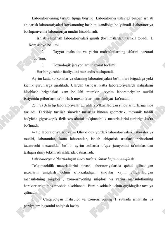 riga binoan namunalarning umumiy xajmi 1-tur va 2- turiga qarab aniqlanadi. 4 sinov o’tkazish me`yorlari bo’yicha priborlarning soni qabul qilinadi. 5 ilmiy tekshirish o’tkazish uchun pribor hisoblamasdan lozimligini isbotlaganholda qabul qinlanadi. hisoblarni xom-ashyo laboratoriyalaridan boshlash kerak. mahsulotning sifatini aniqlaydigan priborlarni sonini aniqlash kerak. 4.1-rasm. laboratoriya shtati laboratoriyani loyihalashni hisoblash uchun mana bu kichik guruhlardagi laborantlar sonini aniqlash mumkin (4.1-jadval). 4.1-jadval to’da xajmi material turi qadoq turi qadoqdagi material massasi, kg to’dadagi qadoq to’da massasi paxta tolasi toy 210+10 250 50-60 yuvilgan jun toy 150 30-50 4,5-7,5 kimyoviy tola yashik 100 20-30 2-3 ip yashik 100 10-50 1-6 kompleks ip yashik 100 10-30 1-3 gazlama o’ram 100 100-200 - trikotaj mato o’ram 100 50-100 - har xil sohadagi laboratoriyalar xususiyatlari 1 paxta tozalash sohasi labarotoriyalari. 2 ip yigirish korxonalari laboratoriyalari.3 to’quvchilik fabrikasi laboratoriyalari. 4 ipakni qayta ishlash korxonasi laboratoriyalari 5 ilmiy tekshirish ishlari laboratoriyalari paxta tozalash korxonalariga tayyorlov xom-ashyo laboratoriyasi va …