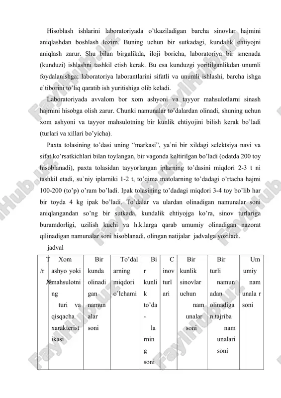 lar o’tkazish bo’yicha uslubiy ko’rsatmalardan foydalaniladi. masalan: yigirish fabrikasida bir xildagi tola aralashmasidan bir-xil chiziqli zichlikdagi ip olish uchun 6 ta yigiruv mashinasi ishlatadi. texnik nazorat yo`riqnomasiga binoan har-bir 6 ta mashinadan har kuni 5 ta naycha ip olinadi. chiziqli zichlikni aniqlash uchun har-biridan bittadan sinov o’tkaziladi: umumiy namunalar soni quyidagicha hisoblanadi. 6.5.1=30 ta namuna. texnik nazorat bo’yicha har bir sinov turiga ko’ra namunalar soni yig`indisi aniqlanadi va 2-jadvalga kiritiladi. 15.2-jadval № fabrikaning nazorat o’tkazish texnologik jarayondagi nazorat nazorat, o’tkazish davri nazorat qilina-digan mashina-lar qancha mashinalardan namuna nazorat davrida olinadi-gan bir sutkada olinadi-gan namuna-lar bir turli namunadan olinadigan bir kundagi kichik namu- bo’limi qilinadigan mashinalar soni olinadi (soni) namunalar soni soni kichik namunalar soni nalarning umumiy soni 1 2 3 4 5 6 7 8 9 10 korxonaga keltirilgan xom ashyo va tayyor mahsulotlarni hamda texnologik jarayondagi olinadigan texnik nazorat uchun hisoblangan namunalar hajmini va sonini jadvalga kiritish mumkin. jadval …