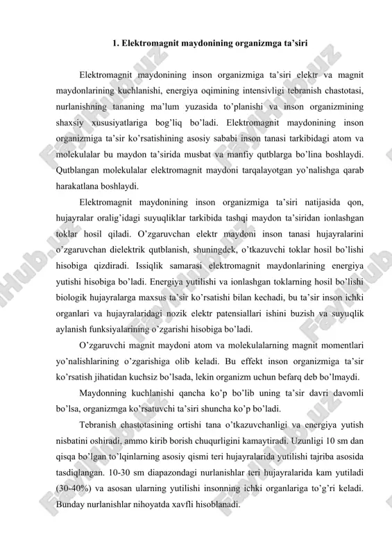 atuvchi ta’siri shuncha ko’p bo’ladi. tebranish chastotasining ortishi tana o’tkazuvchanligi va energiya yutish nisbatini oshiradi, ammo kirib borish chuqurligini kamaytiradi. uzunligi 10 sm dan qisqa bo’lgan to’lqinlarning asosiy qismi teri hujayralarida yutilishi tajriba asosida tasdiqlangan. 10-30 sm diapazondagi nurlanishlar teri hujayralarida kam yutiladi (30-40%) va asosan ularning yutilishi insonning ichki organlariga to’g’ri keladi. bunday nurlanishlar nihoyatda xavfli hisoblanadi. organizmda hosil bo’lgan ortiqcha issiqlik ma’lum chegaragacha inson organizmining tyermoregulyasiyasi hisobiga yo’qotilishi mumkin. issiqlik chegarasi deb ataluvchi ma’lum miqdordan boshlab (i>10 mvt/sm2), inson organizmda hosil bo’layotgan issiqlikni chiqarib tashlash imkoniyatiga ega bo’lmay qoladi va tana harorati ko’tariladi, bu esa o’z navbatida organizmga katta zarar etkazadi. issiqlik yutilishi inson organizmining suvga syerob qismlarida yaxshi kechadi (qon, muskullar, o’pka, jigar va h.k). ammo issiqlik ajralishi qon tomirlari sust rivojlangan va tyermoregulyasiya ta’siri kam bo’lgan organlar uchun juda zararlidir. bularga ko’z, bosh miya, buyrak, ovqat hazm qilish organlari, o’t va siydik xaltalari kiradi. ko’zning nurlanishi …