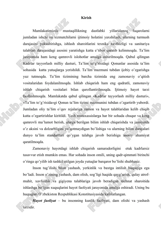 riga javob beradigan mehnat sharoitida ishlashga bo’lgan xuquqlarini hayot faoliyati jarayonida amalga oshiradi. uning bu huquqlari o’zbekiston respublikasi konstitusiyasida kafolatlangan. hayot faoliyat – bu insonning kunlik faoliyati, dam olishi va yashash tarzidir. inson hayoti jarayonida uni o’rab turgan borliq muhiti bilan uzluksiz aloqada bo’ladi va shu bilan birga har doim uni o’rab turgan muhitga bog’liq bo’lib kelgan va shunday qolavyeradi. inson shuning uchun ham o’zini o’rab turgan atrof-muhit hisobiga oziq-ovqat, havo, suv, dam olish uchun zarur moddiy narsalar va boshqalarga bo’lgan ehtiyojini qanoatlantiradi. atrof-muhit – insonni o’rab turgan muhit bo’lib, insonning hayot faoliyatiga, uning sog’ligi va nasliga to’g’ridan to’g’ri, birdan urinma yoki masofadan ta’sir etishga qobiliyatli omillarning (jismoniy, ximiyaviy, biologik, informasion, ijtimoiy) shartli yig’indisidir. inson va atrof-muhit uzluksiz o’zaro ta’sirda bo’lib, doimiy harakatdagi «inson – atrof muhit» sistemasini tashkil etadi. dunyoning evolyusion jarayonida bu sistemani tashkil etuvchilar uzluksiz o’zgarib bordi. inson mukammalashdi, yer sharining aholisi va uning oqimi o’sdi, jamiyatning …