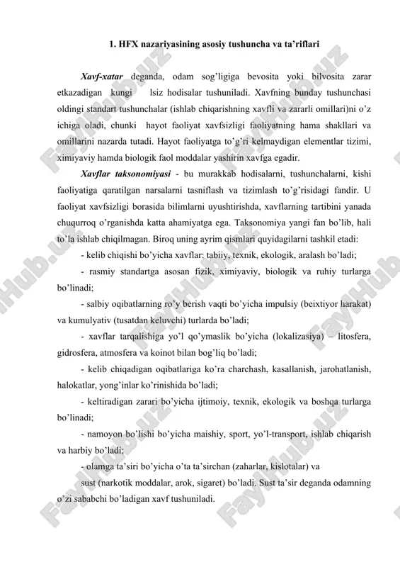 k, sigaret) bo’ladi. sust ta’sir deganda odamning o’zi sababchi bo’ladigan xavf tushuniladi. xavflar ruyxati – bu aniq bir tartiblar bo’yicha qo’yilgan nomlar, atamalardir (o’zgaruvchan harorat, havo harakatining tezligi, havo bosimi, yorug’lik, havoni ionlash, portlash, gyerbisid, shovqin, tebranish, yong’in, zaharli moddalar, lazer nuri, elektr yoyi va boshqalar). har bir tekshiriladigan ob’ektda o’tkaziladigan aniq tekshirishlar uchun shu ob’ekt (sex, ish joyi, texnologik jarayon, kasb) da uchraydigan xavflar ruyxati tuziladi. xavflar kvantifikasiyasi hayot faoliyat xavfsizligini taminlashga qaratilgan tadbirlar uchun etarli darajada kerak bo’lgan miqdoriy, vaqtincha, fazoviy va boshqa xususiyatlarni aniqlab amalga oshirish jarayonidir. tenglashtirish jarayonida aniq bir masalani hal qilishda xavflar ruyxati, zarar va boshqa omillar aniqlanadi. sabab va oqibatlar. yashirin xavflarni amalga oshishiga olib keladigan sharoit-sabab deb ataladi. sabablar, jarohatlar, yuqumli kasalliklarni keng tarqalishi (epidemiya), atrof-muhitga zarar va boshqa xil oqibatlarni keltirib chiqaradi. xavf, sabab, oqibat uchligi-bu yashirin xavflarni va zararlarni amalga oshiruvchi mantiqiy jarayondir. masalan: zahar (xavf)- dori tayyorlashning xatosi (sabab)- …