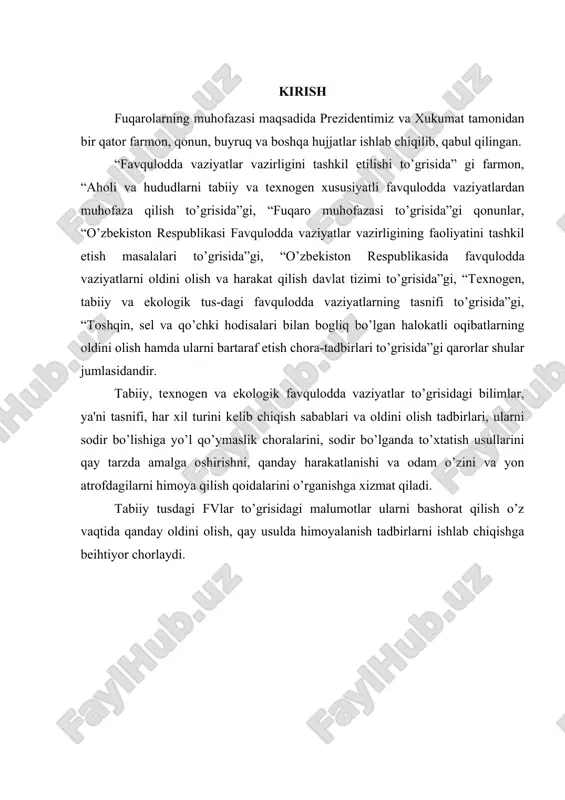 at - bu ma'lum bir hududda havfli tabiiy hodisalar natijasida odamlarning qurbon bo’lishiga, shikastlanishiga va atrof tabiiy muhitga moddiy zarar еtishi, aholining hayot faoliyati sharoitlari izdan chiqishiga olib kеladigan sharoit. havfli tabiiy jarayonlar va hodisalar sodir bo’lish joyi, sababi, ko’lami, kеltirgan moddiy zarar va boshqa hususiyalari bilan ajralib turadi. 1998 yil 27 oktyabrda vazirlar mahkamasi tomoni-dan qabul qilingan 455-sonli «tеxnogеn, tabiiy va ekologik tusdagi favqulodda vaziyatlar tasnifi to’grisida»gi qarorining ilovasi asosida tabiiy favqulotdda vaziyatlar kеlib chiqish sabablariga ko’ra kuydagilarga ajratiladi: gеologik xavfli hodisalar. 2. gidromеtеorologik havfli xodisalar. 3. favqulodda epidеmiologik, epizootik va epifitotik vaziyatlar. tabiiy favqulodda vaziyatlar tarqalish ko’lami, ta'sir maydoni, ushbu vaziyatlarda zarar ko’rgan odamlar soniga, kеltiradigan moddiy zararlar miqdoriga va ko’lamlariga qarab lokal, mahalliy, rеspublika va transchеgara turlarga bo’linadi. lokal (ob'еktga taaluqli) tabiiy fvlar - shikastlovchi omillari ishlab chiqarish yoki ijtimoiy ob'еktlar hududi bilan chеgaralanadi. lokal favqulodda vaziyatlar natijasida 10 dan ortiq kishi shikastlanishi, 100ga yaqin insonlar hayot …
