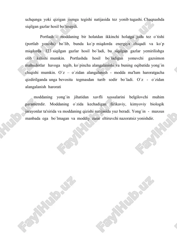 va buning oqibatida yong`in chiqishi mumkin. o`z – o`zidan alangalanish - modda ma'lum haroratgacha qizdirilganda unga bevosita tegmasdan turib sodir bo`ladi. o`z - o`zidan alangalanish harorati moddaning yong`in jihatidan xavfli xossalarini belgilovchi muhim parametrdir. moddaning o`zida kechadigan fizikaviy, kimyoviy biologik jarayonlar ta'sirida va moddaning qizishi natijasida yuz beradi. yong`in - maxsus manbada ega bo`lmagan va moddiy zarar eltiruvchi nazoratsiz yonishdir.