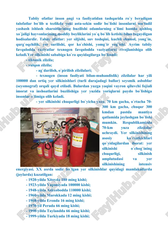 - 1990-yilda taylandda 66 ming kishi; - 1999-yilda turkiyada 18 ming kishi; - 1988-yilda armanistonda 25 ming kishi zilzila oqibatida nobud bo`lgan. 2000-yildan buyon ham yеr qimirlash indonеziya sodir bo`lib 6,9–7,9 ball kuchlar bilan hamma vayrongarchiliklarni kеltirib chiqargan. zilzila kuchi ikki xil o`lchanadi: 1. ballarda 2. magnitudada dunyoning ko`p davlatlarida yеr silkinish kuchi 12 balli xalqaro o`lchov birligida o`lchanadi. ball-yer yuzasining tеbranma harakat darajasini ko`rsatadi. “sеysmograf” yordamida o`lchanadi. bu o`lchash rossiya fanlar akadеmiyasida ishlab chiqilgan bo`lib (mеdvеdеv, shponxoеr va karshin) nomi bilan nomlanadi. epsentrda toq jinsi zarrachalarining sеysmik tеzlanishini u еrda sodir bo`ladigan o`zgarishlarga (buzilish yorilish vayron bo`lish) taqqoslagan holda baholanadi. ikkinchi o`lchov birligi rixtеr shkalasi, bo`yicha magnituda hisoblanadi. 1935 yilda amеrika sеysmologi i.rixtеr tomonidan taklif etilgan. yer silkinish kuchining 1-12 balli xususiyatlariga qarab kеltirgan vayronagarchiliklari turlicha bo`ladi. 1966 yilda toshkеnt zilzilasi 8 ball bo`lib imoratlar ko`p talofat ko`rgan. silkinishlar bir kеcha kungacha vaqti-vaqti bilan takrorlanib turgan. buning oqibatida 78 …