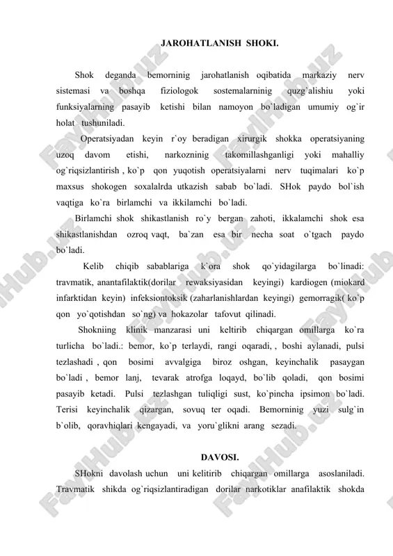 a – aller giyaga qarshi dorilar- dimedrol, suprastin, tavegil, kalsiy xlorid , prednizolon… kardiogen shokda- yurak- tomir sistemasini stimullovchi va qon bosimini ko`taruvchi dorilar, gemoraggik shokda- qon oqishini tuxtatish, tomirga qon, plazma va qon o`rnini bosuvchi shokka qarshi suyuqliklar quyish, bundan tashqari simptomatik davolash bilan bemorninig ahvoli yahshilanadi. ezilish sindromi oyoq - qullar tananing boshqa qismlari yumshoq tuqimalarninig zilzila vaqtida, bosib qolishda va boshqalarda uzoq muddatgacha turli narsalar (daraxt, toshlar, beton plitalar, uta og`ir buyumlar va hokazo) ostida bosilishi oqibatida yuz beradigan ma`lum simptomlar kompleksi e z i l i sh sindromi deyiladi. yoki shikastlanish taksikozi deyiladi. bunda muskullar teri osti yog` kletchatkasi tomirlar va nervlar suyaklar majaklanadi va sinadi. uzoq vaqt ezilish natijasida muskullar va boshqa tuqimalar qonga yolchimay qoladi natijada bu tuqimalarda nekroz boshlanib tuqimalar o`la boshlaydi va uzidan zaharli moddalar ajratadi. so`ng to`qimalarda yig`ilgan toksinli moddlar, shuningdek og`riq impulslari oqimi organizmga tushadi va shokni eslatuvchi klinik manzarani …