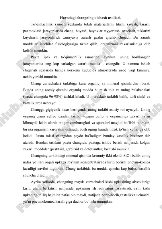 da qancha kup bulsa, kasallik shuncha ortadi. ayrim xollarda, changning mayda zarrachalari kishi upkasining alveollariga kirib, ularni berkitishi natijasida, upkaning ish faoliyatini pasaytiradi, ya’ni kishi upkaning to’liq hajmida nafas ololmaydi, natijada borib-borib,xastalikka uchrashi, ya’ni pnevmokonioz kasalligiga duchor bo’lishi mumukin. changlarni kishi tanasiga ta’sirini aniqlashda nafakat ularning fizik xususiyatlarini, balki ularning ulchamini xam hisobga olish kerakdir. bu borada eng xavflisi, kattaligi 5 mkm gacha bo’lgan changlardir, chunki ular upkaning kattaligi 4-5 mkm bo’lgan alveollariga bemalol kira oladilar. bundan katta bo’lgan chang zarrachalari esa yukori nafas yo’llarida va bronxlarda ushlanib koladi va tanadan chiqarib yuboriladi. yana chang zarrachalarining kattaliklari, ularning havoda qanchalik kup ushlanib turishini belgilaydi, bu esa ularning organizmga kirish imkoniyatini kuchaytiradi. tadkikotlar natijasi chang zarrachalari qanchalik mayda bulsa, ular havoda shuncha kup ushlanib turishligini ko’rsatadi. to’qimachilik korxonalarida paxta changi uchun kuyidagi yo’l kuysa bo’ladigan kotsentratsiya (ykbk) kabul kilingan. bu esa tarkibidagi sio2 ga boglikdir. sanitariya meyorlari sn-245-71 da berilishicha: agar …