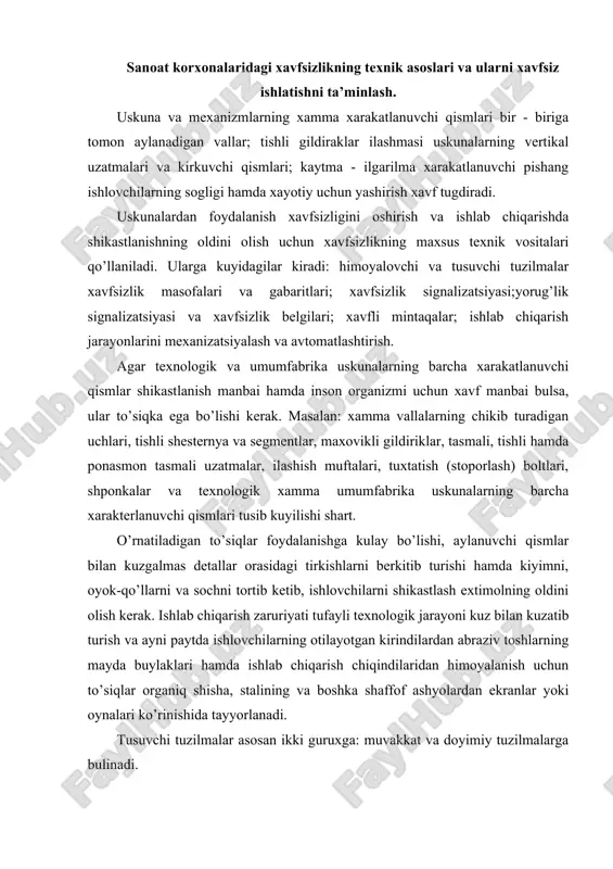 ab chiqarish zaruriyati tufayli texnologik jarayoni kuz bilan kuzatib turish va ayni paytda ishlovchilarning otilayotgan kirindilardan abraziv toshlarning mayda buylaklari hamda ishlab chiqarish chiqindilaridan himoyalanish uchun to’siqlar organiq shisha, stalining va boshka shaffof ashyolardan ekranlar yoki oynalari ko’rinishida tayyorlanadi. tusuvchi tuzilmalar asosan ikki guruxga: muvakkat va doyimiy tuzilmalarga bulinadi. muvakkat (kuchma) tuzilmalar qurilish - montaj va tuzatish ishlarini bajarishda qo’llaniladi. doimiy (kuchmas) to’siqlar texnologik va umumfabrika uskunalarning xavfli joylarini tusib turish uchun xizmat kiladi. doimiy to’siqlarga sirkulyar, tembranma (mayatnikosmon) va (tasma) lenta arralar, abraziv doiralar, pilla tortish hamda ipak yigirish mashinalardagi mexaniq uzatmalarning va xar xil tuzilishdagi metall to’siqlari misol bula oladi. elektr kurilmalarnigg xamma tok o’tkazuvchi qismlari (magnitli tushirgichlar, shitlari, boshkarish tugmalari, kalitlari) xam doimiy to’siqlar bilan himoyalangan bo’lishi zarur. konstruktiv ijrosiga kura doimiy to’siqlar uskunalarning ajralmas qismi kabi tayyorlanadi. ularning tashki sirti uskunaning rangida, ichki sirti esa to’siqni olib yoki ochib kuyib ishlash xavfli ekanligidan ogoxlantiruvchi kizil rangga …