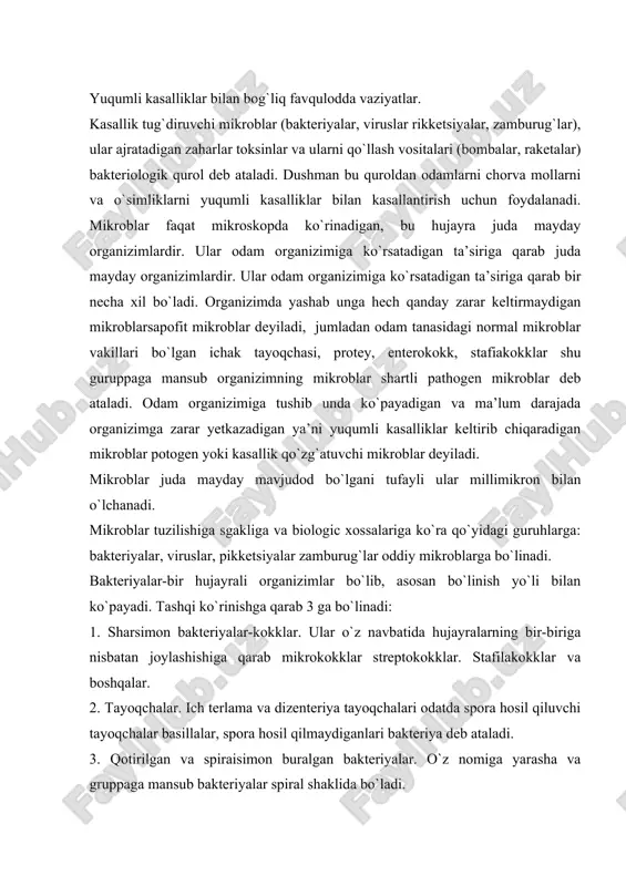 stafilakokklar va boshqalar. 2. tayoqchalar. ich terlama va dizenteriya tayoqchalari odatda spora hosil qiluvchi tayoqchalar basillalar, spora hosil qilmaydiganlari bakteriya deb ataladi. 3. qotirilgan va spiraisimon buralgan bakteriyalar. o`z nomiga yarasha va gruppaga mansub bakteriyalar spiral shaklida bo`ladi. bakteriyalar turli kattalikda bo`ladi. stafilokokk va steptokokklarning diometrik, odatda 0,75 dan 1,25 mk gacha bo`ladi. bakteriyalarning shakli va yirik maydaligi ularning yosh, o`sayotgan muhitning tarkibiga va temperature va boshqalariga bog`liq. bakteriyalarning hujayrasi qobiq parda, sitoplazma, yadro xivchinlar yordamida harakat qilinadi. xivchinlar soni 1 tadan 20-30, hatto 100 ta gacha bo`ladi. qobig`i butunlay yoki qisman yo`qotgan mikroblar l-simon bakteriyalar deb ataladi. juda mayday bo`lgan, lekin sun’iy oziq muhitida o`sishi bilan viruslardan farq qiladigan mikroblar mikoplazmalar deb ataladi. bakteriyalardan zaharlanish o`chog` deganda odamlarda kasallik keltirib chiqadigan bakteriyal aepozollar bilan zaharlanish territoriyasi tushuniladi. bu joyda qolgan odamlarning hammasi kasal bo`lgan-bo`lmaganligidan qat’iy nazar zaharlangan hisoblanadi. o`choq chegaralarini dastlab kuzatish postlari va tibbiy xizmati aerozollar o`choq chegaralarini …