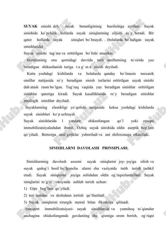 sh maqsadida qo`llaniladi. transport immobilizatsiyasininig qo`yidagi turlari farqlanadi: 1) oddiy immob-ya - bunda bemor gavdasining sog`lom qismlaridan foydalaniladi.m: oyog`i singanda 2 sog`lom oyog`iga bog`lanadi. shikastlangan qulini tanasiga bo`glanadi. 2) mavjud vositalar bilan imm-sh. tayoq taxta bo`lagi , bir dasta sim, shox- shabbalardan shunday vositalar yordamida ofydalanish mumkin. 3) zavodda ishlab chiqilgan transport shinalari bilan imm-ya qilish. transport shinalari ikkiga: fiksatsion va distraksion shinalarga bo`linadi. fiksatsion shinalar yordamida gavdaning shikastlangan qismi fiksatsiya qilinadi. kramer shinasi yoki narvonsimon shinani yumshoq simdan tayorlanadi. gavdaniing qaysi qismi immob- ya qilinishiga qarab, shina shaklini istagancha uzgartirish mumkin. tursimon shina ham yumshoq simdan yasalgan turdan iborat. uni osonlikcha yumoloqlab urash mumkin. asosan bilak, qo`l va oyoq panjasini immob-ya qilish uchun qo`llaniladi. faner shinalar aksariyat tarnov shaklida tayorlanadi. vakuum tibbiyot shinalari – oyoq va qo`llarni immob-ya qilish uchun ishlatiladi. distraksion shinalar- bu siniq suyak uchlarini bir- biridan uzoqlashtirib, qon tomir va nerv tolalari shikastlanishini oldini oladi. bularga- …