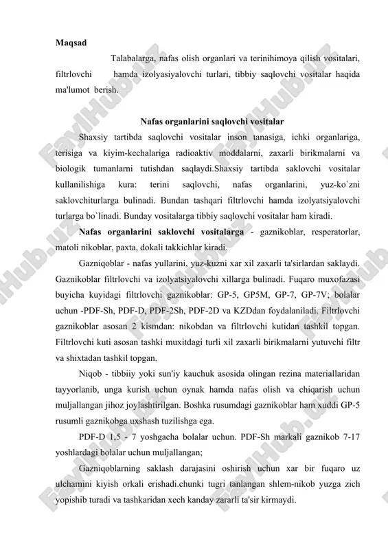 kiyish orkali erishadi.chunki tugri tanlangan shlеm-nikob yuzga zich yopishib turadi va tashkaridan xеch kanday zararli ta'sir kirmaydi. gazniqoblarning ulchami 2 xil usulda aniqlanadi: a) yuzaning ulchamini aniqlash orqali; b) daxan bilan qosh suyagi orasidagi masofani ulchash orkali; birinchi usul bilan 63 sm.gacha 0-o`lcham, 1-o`lcham 63,5-65,5 sm.gacha 2-o`lcham 66-68 sm.gacha, 3-o`lcham 68,5-70,5 sm. va 4-o`lcham 71sm. va undan katta. ikkinchi uslub bilan 3 xil ulchamda gazniqoblar ishlab chiqariladi. 1-o`lcham - 99-109mm.gacha; 2-o`lcham - 109-119mm; 3-o`lcham - 119mm.dan katta. bolalar gazniqobi ulchamini topishda ularning yuz balandligini ulchab, sungra kuyidagi jadvaldan foydalanib, gaznikob ulchovi aniklanadi. o`lchov nomi niqob o`lchami yuz balandligi, mm 1 2 3 4 72 mm.gacha 72-87 88-95 69-103 gazniqobni ishlatishdan oldin xar bir fuqaro uni saklash xususiyati buzilmaganligini tеkshirib kurish, uning gеrmеtikligini kayta tеkshirish lozim. tеkshirilgan ish xolatidagi gaznikoblar yaxshilab taxlanib kaytadan sumkaga solinadi va saklash uchun joyiga kuyiladi. gazniqobdan foydalanish umumiy tartibda «gazlar» dеgan komanda bеrilganda yoki atmosfеrada radioaktiv …