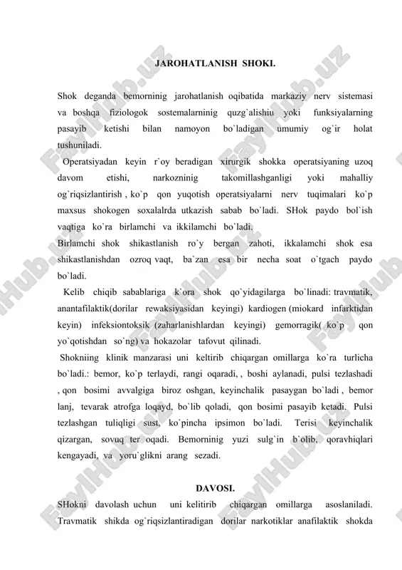 – aller giyaga qarshi dorilar- dimedrol, suprastin, tavegil, kalsiy xlorid , prednizolon… kardiogen shokda- yurak- tomir sistemasini stimullovchi va qon bosimini ko`taruvchi dorilar, gemoraggik shokda- qon oqishini tuxtatish, tomirga qon, plazma va qon o`rnini bosuvchi shokka qarshi suyuqliklar quyish, bundan tashqari simptomatik davolash bilan bemorninig ahvoli yahshilanadi. ezilish sindromi oyoq - qullar tananing boshqa qismlari yumshoq tuqimalarninig zilzila vaqtida, bosib qolishda va boshqalarda uzoq muddatgacha turli narsalar (daraxt, toshlar, beton plitalar, uta og`ir buyumlar va hokazo) ostida bosilishi oqibatida yuz beradigan ma`lum simptomlar kompleksi e z i l i sh sindromi deyiladi. yoki shikastlanish taksikozi deyiladi. bunda muskullar teri osti yog` kletchatkasi tomirlar va nervlar suyaklar majaklanadi va sinadi. uzoq vaqt ezilish natijasida muskullar va boshqa tuqimalar qonga yolchimay qoladi natijada bu tuqimalarda nekroz boshlanib tuqimalar o`la boshlaydi va uzidan zaharli moddalar ajratadi. so`ng to`qimalarda yig`ilgan toksinli moddlar, shuningdek og`riq impulslari oqimi organizmga tushadi va shokni eslatuvchi klinik manzarani keltirib …
