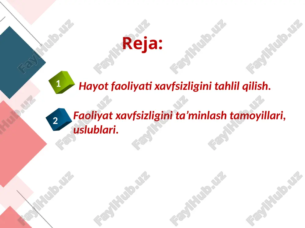 ish mumkin. afsuski, hozirga qadar xavflarning yetarlicha to‘liq taksanomiyasi yaratilmagan. bu esa har qanaqa xavfning oldini olishni ta’minlashni chegaralab qo‘yadi. shuning uchun olimlar, soha mutaxassislari oldiga xavflarning taksonomiyasini yaratish bo‘yicha ilmiy va metodologik izlanishlar olib borish maqsad qilib qo‘yilgan. xavflarning nomenklaturasi. nomenklatura – muayyan belgi, xususiyatiga ko‘ra sistemaga solingan nom va so‘zlar ro‘yxatidir. masalan, tibbiyotda qo‘llaniladigan dori-darmonlar nomenklaturasi birmuncha aniq tuzilgan. jumladan, antibiotiklarga: tetratsiklin, ampitsilin, oksotsilin, biotsilin, trimol, sefozolin, sefamizin va boshqalar kiradi. xavflar nomenklaturasini tuzishda ham aynan xavfning biror belgisi, xususiyati, keltiradigan oqibati yoki boshqa ko‘rsatkichlariga ko‘ra tuzilishi lozim. hozirgi kunda xavflar nomenklaturasi umumiy holda alfavit bo‘yicha tuzilgan. masalan, ajal, alanga, alkagol, aziyat, vakuum, vulqon, vahima, gaz, gerbitsid, dinamik zo‘riqish, yemirilish, yomg‘ir, yong‘in, zo‘riqish, zahar, zilzila, ifloslanish, ichimlik, iztirob, kasallik, kuyish, lat yeyish, loyqalanish, magnit maydoni, momaqaldiroq, meteoritlar, mikroorganizmlar, radiatsiya, reanimatsiya, rezonans, tebranish, tok urish, toyib ketish, uzilish, urmoq, ultratovush, hujum, xatar, shamol, shovqin, elektr toki, elektr maydoni, ekzema, …