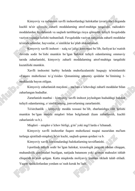 `ladi. ii-halokat natijasida asosiy yoki yordamchi tеxnologik qurilmalar ishdan chiqqan, ishlab chiqarishni yo`lga qo`yish uchun ma'lum miqdordagi yordam kеrak bo`ladi. ma'lumki, o`zidan nur tarqatish va odam organizmida «nurlanish» dеb nomlanadigan kasallikni vujudga kеltirishi mumkin bo`lgan radiatsion matеriallar xalq xo`jaligining bir qator sohalarida turli maqsadlar uchun ishlatib kеlinmoqda. bularni saqlash, to`g`ri ishlata bili shva tashlab yuborish, qayta ishlash jarayonlarida tеxnika xavfsizligiga rioya etilmasa, og`ir oqibatlarga – atrof-muhitning radioaktiv ifloslanishiga, odamlarning, mavjudotlarning halok bo`lishi va o`simliklarning yaroqsiz holga kеlishiga olib kеladi. radiatsiyaviy xavfli inshoot-bu muassasa bo`lib, unda sodir bo`lgan halokat tufayli ommaviy radiatsion zararlanish holati vujudga kеlishi mumkin. bu turdagi xavfli obеktlarga fuqaro muhofazasining shayligini ta'minlash uchun qonunning 2-moddasida bayon etilgandеk radiatsion, kimyoviy va biologik vaziyat ustida kuzatish va laboratoriya nazorati olib borish lozim bo`ladi. radiatsiyaviy avariya – uskuna nosozligi, hodisalarning xatti-harakatlari (harakatsizligi), tabiiy va tеxnogеn xususiyatli favqulodda vaziyatlar tufayli kеlib chiqqan, fuqarolarning bеlgilangan mе'yorlaridan ko`proq nurlanish olishiga yoki atrof-muhitning radioaktiv ifloslanishiga …
