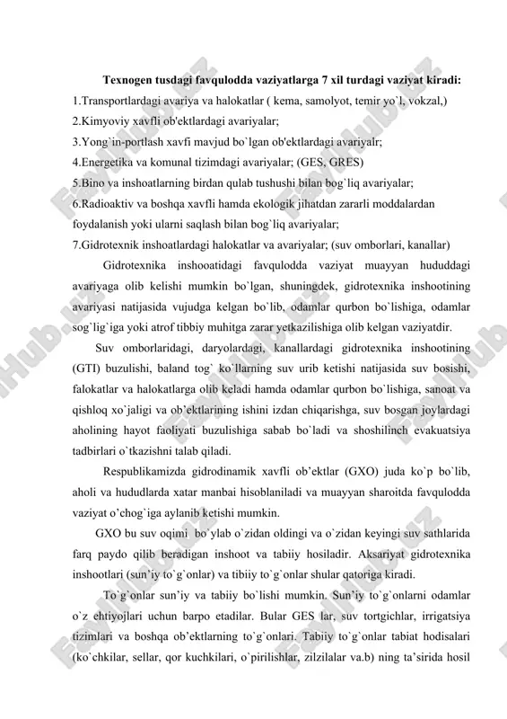 aylanib ketishi mumkin. gxo bu suv oqimi bo`ylab o`zidan oldingi va o`zidan keyingi suv sathlarida farq paydo qilib beradigan inshoot va tabiiy hosiladir. aksariyat gidrotexnika inshootlari (sun’iy to`g`onlar) va tibiiy to`g`onlar shular qatoriga kiradi. to`g`onlar sun’iy va tabiiy bo`lishi mumkin. sun’iy to`g`onlarni odamlar o`z ehtiyojlari uchun barpo etadilar. bular ges lar, suv tortgichlar, irrigatsiya tizimlari va boshqa ob’ektlarning to`g`onlari. tabiiy to`g`onlar tabiat hodisalari (ko`chkilar, sellar, qor kuchkilari, o`pirilishlar, zilzilalar va.b) ning ta’sirida hosil bo`ladi. masalan: qattiq qoya jinslarining 1911- yildagi zilzila sodir etgan o’pirilishi natijasida tojikistondagi murg`ob daryosi va sarez qishlog`i o`rnida sarez ko`li paydo bo`lgan. gidrotexnika inshootlarining turlari: 1. qayerdaligiga qarb: - yer usti (daryo, ko`l kanal va h.k) inshootlari; - yer osti (o`tkazgich quvurlar, tunellar va h.k) inshootlari. 2. foydalanish xarakteri va maqsadiga qarab: - suv-energetika inshootlari; -suv ta’minoti inshootlari; -sug`orish inshootlari; - oqova, chiqindi suvlar chiqarish inshootlari; 3.”favqulodda vaziyatlarda fuqaro muhifazasi” toshkent 2005 yil -suv –transport inshootlari; …