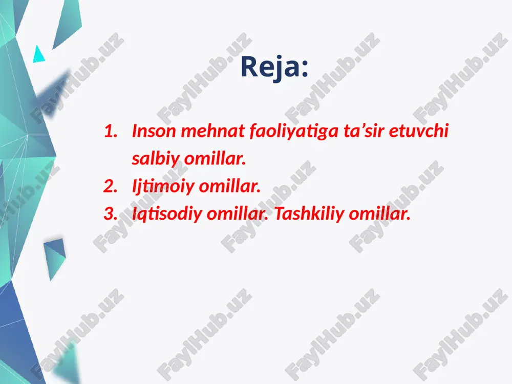 r to‘kilishiga, bular esa buyraklar bajaradigan vazifaning yengillashishiga olib keladi. inson mehnat faoliyatiga ta’sir etuvchi salbiy omillar, ularning turlari, mohiyati va himoyalanish usullari. odam umrining ko‘p vaqtini mehnat egallaydi, agar inson ish faoliyatida o‘rnatilgan barcha tartib-qoidalarga rioya qilmasa, bu, o‘z navbatida, inson mehnat faoliyatiga va sog‘ligiga jiddiy ta’sir ko‘rsatishi mumkin. ishlab chiqarish sharoiti – bu insonni o‘rab turgan atrof muhitning bir qismini tashkil qilib, uning tarkibiga tabiat-iqlimga bog‘liq bo‘lgan hamda insonning kasbiy faoliyatiga ta’sir etuvchi xavfli va zararli omillar (shovqin, silkinish, zaharli tutunlar, gazlar, changlar, nurlanishlar va hokazo) kiradi. xavfli omillar deganda – muayyan bir sharoitda inson sog‘ligiga zarar keltirishi yoki organizmni halokatga olib kelishi tushiniladi. zararli omillar esa – insonning ish faoliyatiga salbiy ta’sir ko‘rsatishi yoki biror-bir kasallikka olib keluvchi holat tushuniladi. ish sharoitida ishning qandayligiga va ish joyining qanday tashkil etilganligiga bog‘liq. xavfli va zararli omillarning ta’sir xususiyatlari ularning tarkibiga, tizilishiga, fizik-kimyoviy xossalariga, miqdoriga, inson tana a’zolariga ta’sir …