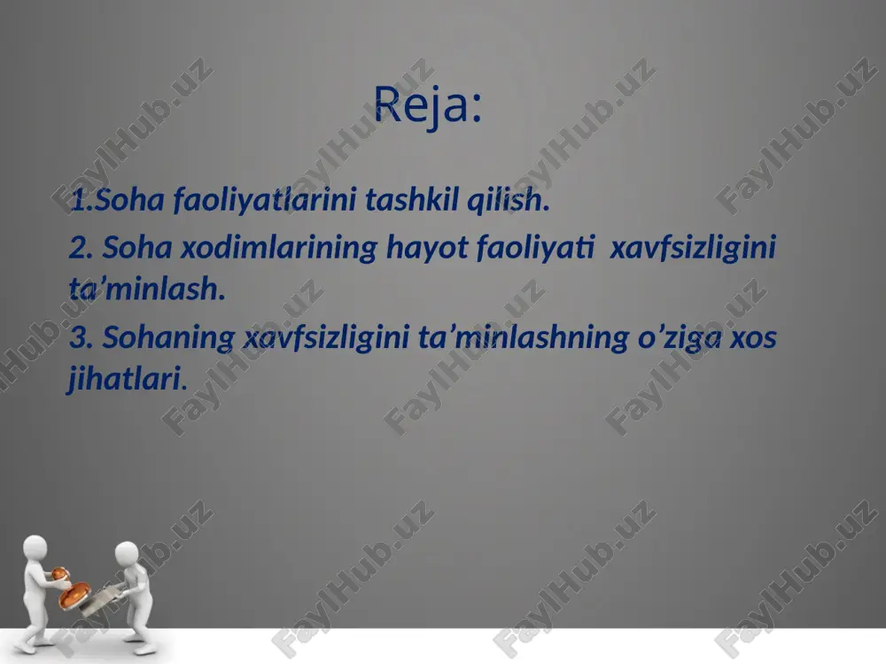 arlikda korxonaga yetkazilgan zarar korxona rahbari buyrug‘iga asosan ishchi va xizmatchining oyligidan undirib olinadi. bunda aybdor shaxsning roziligi bilan oyligidan (uchdan biridan oshmaslik ishlab chiqarishda faoliyat xavfsizligini boshqarish tizimi, xavfsizlikni ta’minlashga oid tadbirlarini rejalashtirish, mablag‘ bilan ta’minlash. mehnat muhofazasini boshqarish korxona boshqarish tizimining bir qismidir. mehnat muhofazasini boshqarishni korxona boshlig‘i o‘rinbosari (yoki bosh muhandis) va bo‘lim boshliqlari olib boradi. bu tizimning asosiy e’tibori ishlab chiqarishda sog‘lom va xavfsiz mehnat qilish sharoitini yaratishga qaratilgan. mehnat muhofazasini boshqarish tizimining asosiy vazifalari quyidagilardan iborat: 1. mehnat muhofazasi ishlarini rejalashtirish, amalga oshirish, baholash ishlarini barqarorlashtirish. 2. ishlovchilarni mehnat xavfsizligiga o‘qitish va mehnat muhofazasi masalalarini tashviqot qilish. 3. bino va inshoot, ishlab chiqarish jarayonlari va asbob-uskunalarining xavfsizligini ta’minlash. 4. mehnat sharoitining sanitar-gigiyenik holatini me’yorlashtirish. 5. ishchilarni shaxsiy himoya vositalari bilan ta’minlash. 6. ishchilar uchun maqbul ish va mehnat sharoitini yaratish. 7. ishlovchilar uchun davolash-oldini olish tadbirlarini rejalashtirish va amalga oshirish. 8. alohida mutaxassisliklar bo‘yicha kasb …