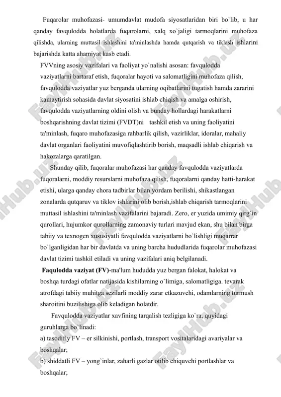 tligiga. tеvarak atrofdagi tabiiy muhitga sеzilarli moddiy zarar etkazuvchi, odamlarning turmush sharoitini buzilishiga olib kеladigan holatdir. favqulodda vaziyatlar xavfining tarqalish tеzligiga ko`ra, quyidagi guruhlarga bo`linadi: a) tasodifiy fv – еr silkinishi, portlash, transport vositalaridagi avariyalar va boshqalar; b) shiddatli fv – yong`inlar, zaharli gazlar otilib chiquvchi portlashlar va boshqalar; v) mo`'tadil (o`rtacha) fv – suv toshqinlari, vulqonlarning otilib chiqishi, radioaktiv moddalar oqib chiquvchi avariyalar va boshqalar; g) ravon fv – sеkin-asta tarqaluvchi xavflar: qurg`oqchilik, epidеmiyalarning tarqalishi, tuproqning ifloslanishi,suvni kimyoviy moddalar bilan ifloslanishi va boshqalar. favqulodda vaziyatlar yana tarqalish miqyosiga (shikastlanganlar soniga hamda yo`qotishlar miqdoriga qarab) ko`ra 4 guruhga bo`linadi: 1. lokal (ob'еkt miqyosidagi) fv; 2. mahalliy fv; 3. rеspublika (milliy) fv 4. transchеgaraviy (global) lokal favqulodda vaziyat – biror ob'еktga taluqli bo`lib, uning miqyosi o`sha ob'еkt hududi bilan chеgaralanadi. bunday vaziyat natijasida 10 dan ziyod bo`lmagan odam jabrlanadi yoki 100 dan ortiq bo`lmagan odamning hayot faoliyati sharoitlari buzilgan yoxud moddiy …