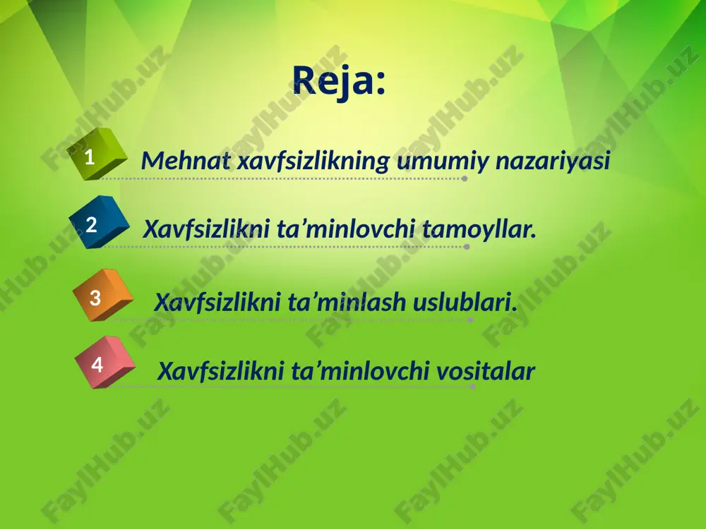 sosida xavfli va zararli faktorlarning ruxsat etilgan miqdorlarini o‘rnatish demakdir. masalan, rem (pdk), qo‘lda ko‘tarish yuk me’yori, ish vaqti me’yori va boshqalar. вo‘sh (zaif) zveno tamoyillari. texnik tizimning xavfsiz ishlashini ta’minlash maqsadida unga zaif element o‘rnatiladi, уa’ni belgilangan ko‘rsatkich me’yordan oshgach, birinchi navbatda zaif element ishdan chiqadi va texnik tizim buziladi, jarayon to‘xtaydi va natijada xavf bartaraf etiladi. bularga saqlash klapanlarini, elektr saqlagichlarini va muftalarni misol keltirish mumkin. мa’lumot berish tamoyillari. ishchiga ish davrida xavfsizlikni ta’minlash bo‘yicha уo‘l-yo‘riqlar, ko‘rsatmalar berishga asoslangan. bunga kurs o‘qishlari, уo‘riqnomalar o‘tish, xavfsizlik belgilari, ogohlantiruvchi yozuvlar va boshqalar kiradi. tasniflash tamoyillarida obyektlarni xavflilik darajasiga bog‘liq holda sinflarga yoki kategoriyalarga ajratish tushuniladi. masalan, sanitar - himoya zonalari (5 sinfga ajratilgan), portlash-yonish xavfliligi bo‘yicha ishlab chiqarish binolarining kategoriyalari (а, в,v,g,d, ye), yong‘in zonalari va boshqalar. xavfsizlikni ta’minlash uslublari. xavfsizlikni ta’minlovchi uslublarni o‘rganishdan oldin ishchi zona va xavf zonasi kabi iboralarga tushuncha beramiz. mehnat jarayoni davrida ishchi turadigan yoki …
