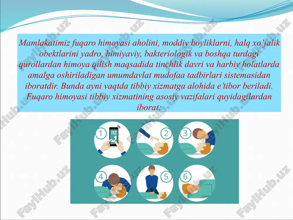 biylashtirilmagan medisina tuzilmalarini va medisina muassasalarini ishga tayyorlab boradi, shuningdek tinchlik vaqtida mavjud bo’lgan davolash, profilaktika va sanitariya- epidemiologiya muassasalaridan alohida sharoitlarda foydalanishni rejalashtiradi. boshliq va sanpostchilardan iborat sanitariya posti (sp); sanitariya drujinasi, buning tarkibiga quyidagilar kiradi: drujina komandiri, siyosiy rahbar, aloqachi, sandrujinachilar; tinchlik vaqtida davolash profilaktika muassasasi bazasida tashkil etiladigan birinchi medisina yordami otryadi; tinchlik vaqtida mavjud bo’lgan sanitariya-epidemiologiya stansiyalari bazasida tuziladigan epidemiyaga qarshi ko’chma otryad. fuqaro himoyasi harbiylashtirilmagan tibbiy tuzilmalariga quyidagilar kiradi. sanitariya drujinalari va sanitariya postlari tinchlik vaqtida tabiiy ofatlar, avariyalar va falokatlar ro’y bergan tumanlarda, urush mahalida yalpi zararlanish o’choqlarida shikastlangan kishilar va kasallarga birinchi tibbiy yordamini berish uchun mo’ljallangan. ommabiy yuqimli kasalliklar paydo bo’lib qolgan paytda bular sog’liqni saqlash organlariga yordam berish uchun ham jalb etiladi. bundan tashqari, sanitariya drujinalarining bir qismi fuqaro mudofaasining harbiylashtirilmagan boshqa tuzilmalari tarkibiga otryadlari hamda komandalariga qo’shiladi, shuningdek, kasalxona bazalarining davolash muassasalaridagi ishlariga jalb etiladi. sanitariya postlari va sanitariya drujinalari …
