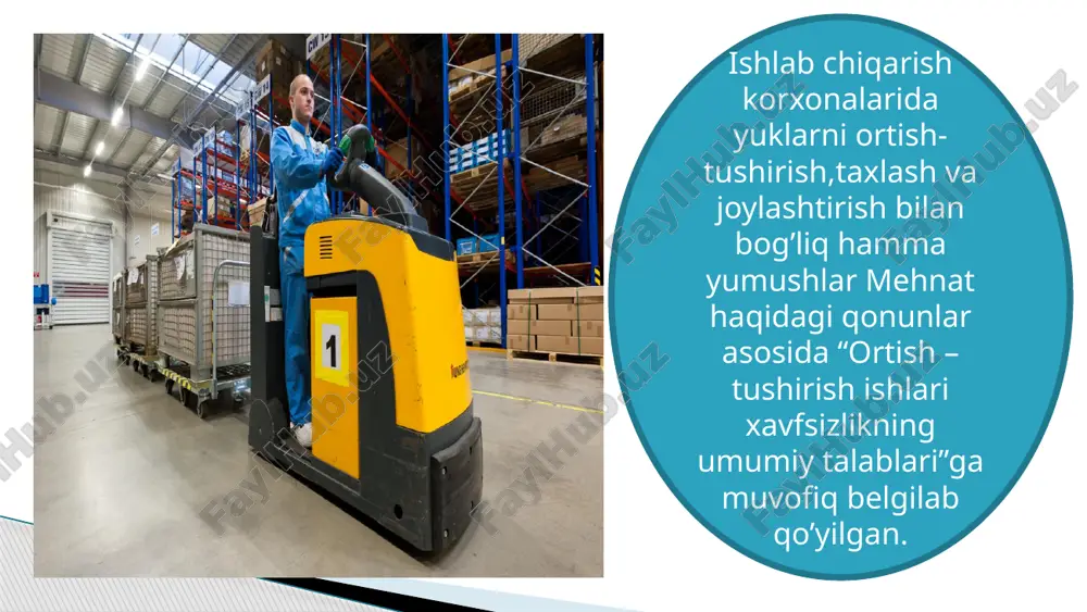 sa kichik mexanizatsiyalar yordamida amalga oshiriladi 20 kgdan og’ir yuklar uchun, shuningdek, yuklarni 3mdan balandga ko’tarishga ortish-tushirish ishlari mexanizatsiyalashtirilgan usulda amalga oshiriladi 500 kgdan og’ir bo’lgan yuklarni kranlar bilan ortishga va tushirishga ruxsat beriladi yuk tashuvchi mexanizmlar uzluksiz ishlaydigan lentali transportyorlar,xavo yordamida, rolganglar, tarnovlar avtomobillar, avto pogruzchiklar, elektropogruzchiklar temir yo’l vagonlari ko’prik kranlari, avtomobilga o’rnatiladigan aylanma kranlar, telfer, o’zi yurar aravachaga o’rnatiladigan tal yuk ko’tarish tashish uskuna va mashinalari “davlatkontexnazorat”i idoralari tomonidan rasmiylashtiriladi. texnik ko’rikdan o’tgandan so’ng ishlatilishi mumkin. texnik ko’rik to’liq har 3yilda bir marta va qisman ko’rik esa har 12 oyda bir marta o’tkazilishi shart hisoblanadi. to’liq texnik ko’rikda yuk ko’tarish mashinalari yaxshilab qarab chiqiladi, statik va dinamik sinovlar o’tkaziladi statik sinov mashinaning yuk ko’tarish qobilyaltini 25% ko’p yuk ortilgan holatda o’tkaziladi. bunda yerdan 20-30 sm yuqoriga ko’tarilib, 10 minut davomida ushlab turiladi va shundan so’ng qoldiq deformatsiyalar sinchiklab tekshiriladi dinamik sinov mashinaning yuk ko’tarish qobilyatini 10%dan ko’p …
