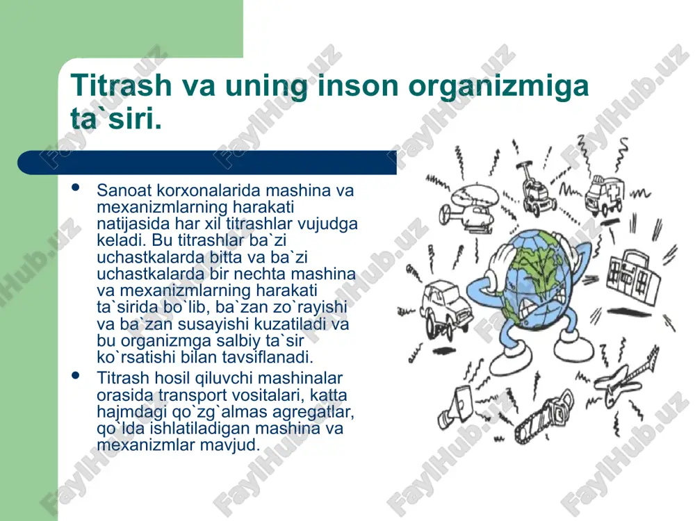 ash ta`siriga tushish katta asoratlar kelib chiqishiga sabab bo`ladi, ba`zan mexanik jarohatlarga olib kelishi mumkin. shovqin va uning inson organizmiga ta`siri. hozirgi zamon texnika taraqqiyoti davrida sanoat korxonalarida shovqinga qarshi kurash masalalari muhim masalalar qatoriga kiradi. bu masala asosan mashinasozlik sanoatida transport vositalarini ishlatishda va energetika sanoatida juda jiddiy masala bo`lib turibdi. shovqinning oqibatlari ma`lum. u birinchi navbatda ishlab-chiqarishda mehnat qilayotgan kishilarni ma`naviy toliqtiradi, shovqin chiqaruvchi mashinalarni ishlatayotgan ishchilar va ishlab-chiqarish jarayonini boshqarayotgan operatorlar ishiga xalal berib, ularni har xil xatoliklarga yo`l qo`yishlariga olib keladi. bu esa o`z navbatida ishlab-chiqarish jarohatlanishlari kelib chiqishining asosiy manbayi hisoblanadi. katta shovqin ta`sirida insonning asab sistemalari zirqillaydi, eshitish organining faoliyati susayishiga sabab bo`ladi. shuning uchun ham sanoat korxonalarida shovqinni kamaytirish chora-tadbirlarini belgilash muhim ijtimoiy ahamiyatga ega bo`lib, inson salomatligini saqlashda katta ahamiyat kasb etadi. eshitiladigan shovqinlar ma`lum chastotalar (16- 20000 gs) bilan chegaralanib qolmasdan, ma`lum chegaradagi eshitilish darajasi va bosimi bilan ham farqlanadi. shovqinning …