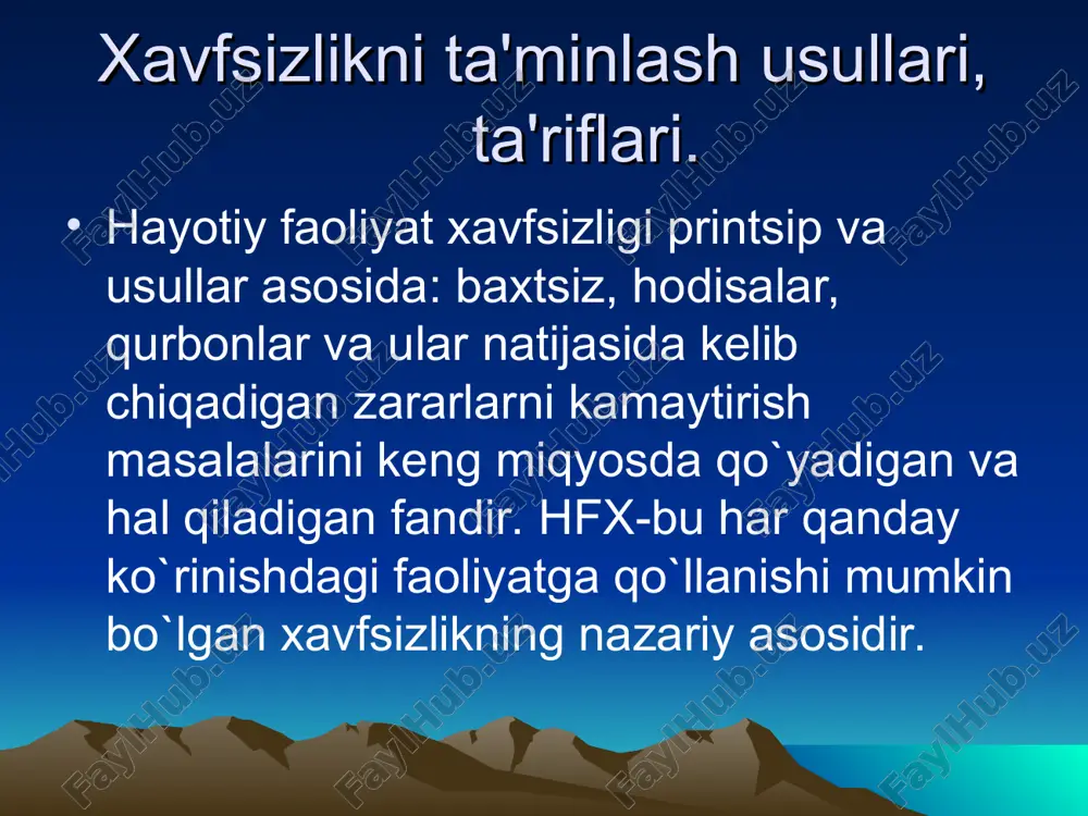biy kasalliklar 24 marta ko`paygan; dunyoda 500 mln. ga yaqin nogironlar bo`lib, ularning 1/5 qismi baxtsiz hodisa natijasida bo`lgan. xavfsizlikning umumiy nazariyasining tuzilishida tamoyil (printsip)lar va usullar ko`rilayotgan bilim sohasida aloqador to`g`rsida to`la tasavvur qilishga mеtodologik ahamiyatga ega. asos (nеgiz, printsip)-bu fikr, g`oya, maqsad (asosiy holatdir). usul-bu eng umumiy qonuniyatlarni bilish orqali maqsadga erishish yo`li. xavfsizlikni ta'minlash choralari – bu usullarni va asoslarni amaliy, tashkiliy, moddiy gavdalantirib amalga oshirishdir. asoslar, usullar, choralar – bu xavfsizlikni ta'min etishdagi mantiqiy pog`onalardir. ularni tanlab olish faoliyatning aniq sharoitlariga, xavfning darajasiga va boshqa mеzonlarga bog`liq. inson o`z mеhnat faoliyati jarayonida bo`ladigan fazo – ish joyi dеb ataladi (gomosfеra). xavf mavjud yoki vaqti-vaqti bilan paydo bo`ladigan fazoni noksosfеra dеyiladi. xavfsizlikni ta'minlashga quyidagi 3 xil usullar orqali erishiladi: a) gomosfеra va noksosfеrani fazoviy va vaqtiy ma'noda ajratib qo`yish, buni hal qilish uchun masofadan boshqarish, avtomatlashtirish, robotlashtirish vositalari yordamidan foydalaniladi. b) xavflarni yo`qotish yo`li bilan noksosfеrani mе'yorlashtirish. …