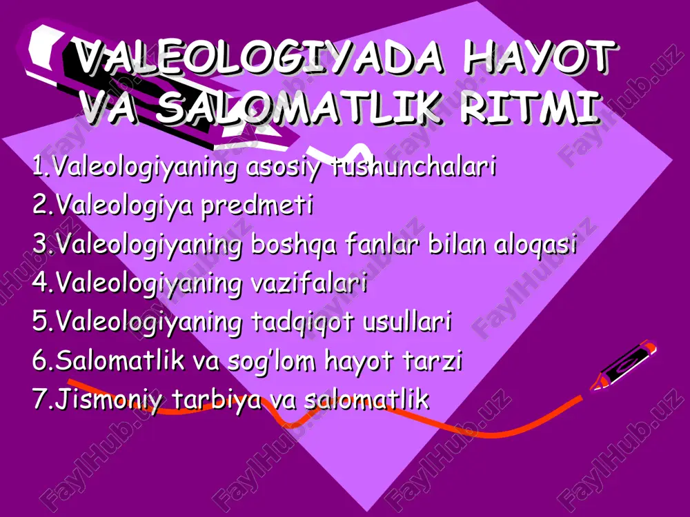 i tizimini o’rganish, muntazam jismoniy mashqlarni bajarishga ehtiyojini mustahkamlashga yo’naltirilgan faoliyat sifatida ko’rib chiqiladi. shu munosabat bilan insonning jismoniy rivojlanishi haqidagi pedagogik qonunlarni tadqiq etish, shu asosda har tomonlama yetuk insonni shakllantirish bo’yicha maxsus pedagogik tarbiya jarayoni nazariyasi va metodikasini aniqlash valeologiya fanining predmeti hisoblanadi. valeologiyaning asosiy vazifalari: 1. inson salomatlligi va sog’liq rezervlarini tadqiq etish va son jihatdan baholash. 2. sog’lom hayot tarziga yo’naltirish. 3. inson salomatligi va sog’liq rezervlarini sog’lom hayot tarziga yo’naltirish orqali saqlash va mustahkamlash. salomatlikni mustahkamlash, tanani chiniqtirish, uning turli kasalliklarga qarshiligini oshirish bu pedagogik jarayonning sog’lomlashtiruvchi vazifalari hisoblanadi. sog’lom-lashtiruvchi vazifalarning muvaffaqiyati jismoniy mashg’ulot-larning sog’lomlashtiruvchi pedagogik prinsiplari talablariga rioya qilishga bog’liqdir. sog’lomlashtiruvchi jismoniy tarbiya bo’yicha amaliy mashg’ulotlarda o’quvchilarning jismoniy rivojla-nishi bilan bog’liq muhim masala hal etiladi. jismoniy rivojlanish jismoniy rivojlanish deganda organizm shakli va funk-siyalari yetilishining pedagogik jarayoni tushuniladi. jismoniy rivojlanish inson kuchi yetilayotgan paytda, shuningdek, uning salomatligida maxsus tashkil etilgan tarbiya ta'siri ostida ro’y …