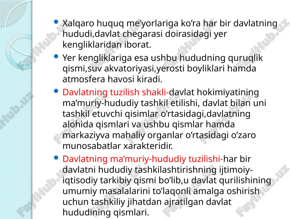 smdan iborat. o’zbekiston respublikasi ma’muriy –hududiy qismlarini,ularning huquqiy maqomiga ko’ra, 3 toifaga guruhlab ajratamiz: yuqori toifadagi qismlar:qoraqalpog’iston respublikasi,toshkent shahri va viloyatlar. o’rta toifadagi qisimlar:qishloq va shahar tumanlari,viloyat bo’ysinuvidagi shaharlar. quyi toifadagi qisimlar: tuman bo’ysinuvidagi shaharlar,shaharchalar,qishloq va ovullarning fuqorolar yig’ini. toshkent shahri: aholisining soni 2,3 mln kishidan iborat bo’lib, unda 100dan ziyod millat va elatlar yashaydi.iqtisodiy salohiyati (mamlakatimiz yalpi ichki mahsulotining 16%,sanoat mahsulotining 20%ni) fan va madaniyat o’chog’i (6 ta universitet, 23 ta institut), davlat va boshqaruv idoralarining deyarli barchasi joylashganligi uchun poytaxt shahar huquqiy maqomiga ko’ra viloyat darajasidadir. uning tarkibida 11ta shahar tumani,445 ta o’zini –o’zi boshqaradigan fuqorolar yig’ini- mahallalar mavjud. respublikamiz viloyatlari ishlab chiqarish kuchlarining ahvoli,ularning joylashish xarakteri va aloqa komunikatsiyalarining rivojlanishi,joylardagi boshqaruv tuzilishini aks ettiradi. qoraqalpog’iston respubliqasi: o’zbekiston respublikasi tarkibiga kiruvchi suveren respublika.u ham o’zining iqtisodiy-ijtimoiy salohiyatiga ega va huquqiy maqomiga ko’ra yuqori toifada turadi. ushbu maqom qoraqalpog’iston respublikasi konstitutsiyasi bilan belgilangan. maydoni 164,9 ming kv km ,aholisi …