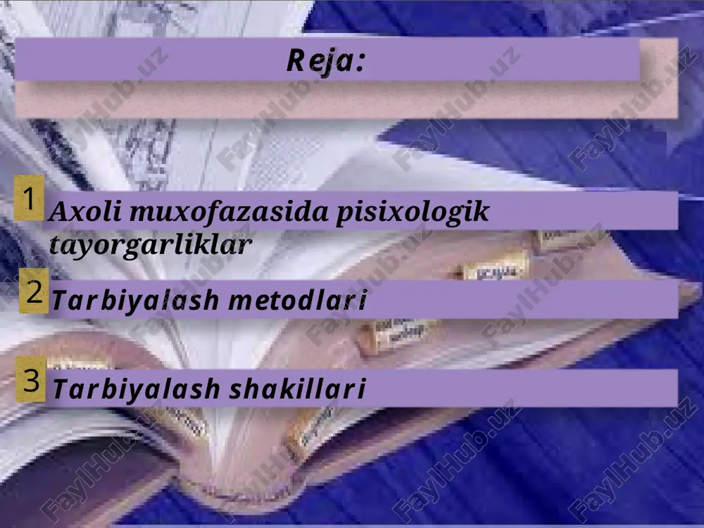 oid fazilatlar; -dadilikni,qahramonlik,mardlik,qatiyatlilik,chidamlilik va qattiq turishlikni tarbiyalash ; -o’z o’zini qurbon qilishga tayyorgarlik; -emotsional irodali barqarorlikni rivojlantirish; 3.faollik va vijdonlilik faoliyatini harbiy qismlardagi ishlarni tinchlik vaqtida qanday bo’lsa urush vaqtida ham xuddi shunday muvofaqqiyqtli bajarishni manaviy siyosiy va psixologik xoxishlarini yaratish ; 4.f.m.jamoalarini birlashtirish ularni turli vaziyatdagi sharoitlarda f.m. tadbirlarini bajarish uchun manaviy va psixologik munosabatlarda tayyorlash . fm psixologik tayyorgarlik ostida shaxsiy tarkibning psixologik barqarorligini, ya`ni odamlarda harbiy vazifalarni bajarish qobiliyati, dushmanning kimyoviy yadroviy va biologik hujumida hamda ktezm o`choqlarida faol va bilimli harakat qilish eng og`ir sinovlarni turli jismoniy va manaviy og`irliklarni muvaffaqiyatli uddalash mardlikni namoyon etish barqarorlikni, chidamlilikni, jasurlik va jasoratni ko`rsatish kabi hususiyatlarni shakllanishi tushuniladi.manaviy-siyosiy va psixologik tayyorgarlik o`zaro chambarchas bog`liq va yagona ob`yekti– odam hisoblanadi. tayyorgarlik jarayonini aniqlovchi omil bo`lib odamlarni siyosiy chiniqtirish hisoblanadi. ular irodasini manaviy ruhiy asosi quyidagilar hisoblanadi: chuqur g`oyaviy ishonuvchanlik; o`zbekiston respublikasi milliy istiqlol g`oyalariga sodiqlik; siyosiy onglilik; ma`naviy siyosiy va …