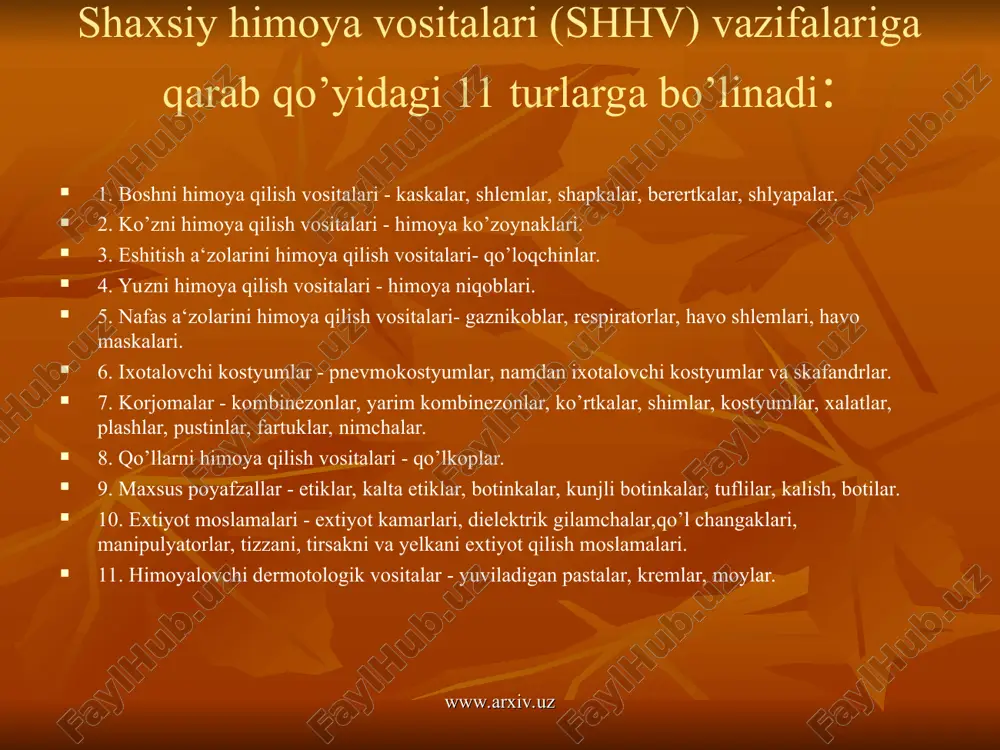) ko‘zni himoyalovchi vositalar, turlari va ularning vazifalarini aytib bering. 5) korxonalarida shaxsiy himoya vositalari bilan ta’minlash, ularni almashtirish va ta’mirlashda korxona mabmuriyatining vazifalarini sanab bering. www.arxiv.uz www.arxiv.uz ixotalovchi kostyumlar www.arxiv.uz www.arxiv.uz gazga qarshi niqoblar: www.arxiv.uz www.arxiv.uz ixotalovchi kostyumlar www.arxiv.uz www.arxiv.uz www.arxiv.uz www.arxiv.uz gazga qarshi niqoblar: www.arxiv.uz www.arxiv.uz yosh bolalar uchun himoya vositalari www.arxiv.uz www.arxiv.uz respiratorlar www.arxiv.uz www.arxiv.uz ixotalovchi kostyumlar: www.arxiv.uz www.arxiv.uz gazga qarshi niqob: www.arxiv.uz www.arxiv.uz www.arxiv.uz www.arxiv.uz mustahkamlash uchun savollar himoya vositalari nima va u kim tomonidan beriladi? himoya vositalarining nechta turini bilasiz? himoya vositalariga qanday talablar qo‘yiladi, aytib bering? qaysi talablarga binoan shaxsiy himoya vositalarini qo‘llash taqiqlanadi? shaxsiy himoya vositalarining vazifalarini sanab bering? shaxsiy himoya vositalari bilan ta’minlash va ulardan foydalanish yuzasidan korxona ma’muriyatiga qanday vazifalar yuklatiladi. nafas olish organlarini himoyalovchi vositalarga nimalar kiradi? yuzni va ko‘zni himoyalovchi vositalarni, niqoblarni qanday turlari mavjud? www.arxiv.uz www.arxiv.uz adabiyotlar: 1.g’.yo.yormatov. hayotiy faoliyat xavfsizligi. toshkent, “mehnat” 2009. 2. o. qudratov, t. …