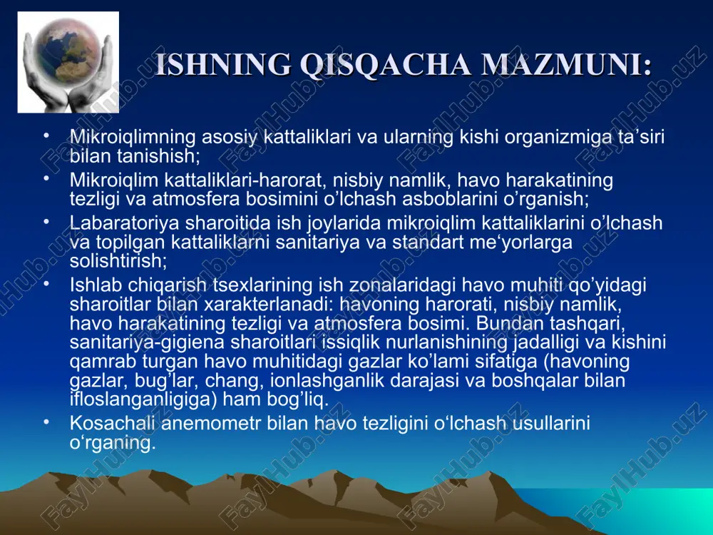 isbiy namlik aniqlanadi. z) ish joyidagi o’lchangan mikroiqlim sharoitlarga nomogramma bo’yicha baho bering va ularni yaxshilash bo’yicha takliflar kiriting. assman psixrometri (termometr) avgust psixrometri (vit-1, vit-2) avgust psixrometri (vit-1, vit-2) kosachali yoki parrakli anemometr kosachali yoki parrakli anemometr kosachali yoki parrakli anemometrlar barometrlar barometrlar barometrlar mikroiqlim kattaliklarining kishi organizmiga tasiri ma`lumki, kishi organizmi uzluksiz ravishda issiqliq ajratib chiqaradi, bu issiqlikning miqdori malum mikroiqlim sharoitida mushaklar ishining jadalligiga bog’liq.. tinch holatda turganda kishi organizmi o’rta hisobda 70 kkal/soat issiqlik chiqaradi. organizmga tushadigan yukning ortishi bilan ajralib chiqadigan issiqlik miqdori ham ortadi. organizmdagi fiziologik jarayonlarni meyo‘rida borishi uchun atrof-muhit ajralib chiqayotgan issiqlikni o’ziga qabul qilish xususiyatiga ega bo’lishi kerak. organizm ajratib chiqayotgan issiqlik miqdori va atrof-muhitning sovo`tish xususiyatiga mos tushishi uning nufuzini belgilaydi. agar kishi yuqori ish unumdorligiga erishgan holatda ham yaxshi kayfiyati ta‘minlansa, bunday mikroiqlim sharoit konfort-ya‘ni eng qo’lay sharoit hisoblanadi. ma‘lumki, kishi organizmi termoregulyatsiya, ya‘ni o’z haroratini boshqara bilish xususiyatiga …