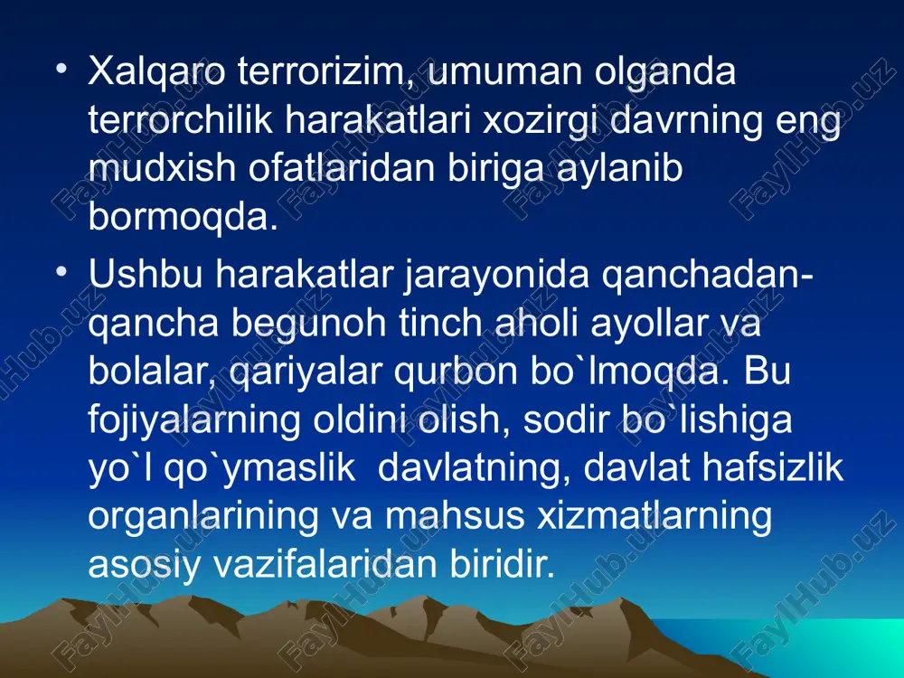 miy qoidalarini tavsiya qilish mumkin. ular qo`yidagilar: -terrorchilar bilan iloji boricha muloqat qilmaslik, gaplashmaslik (faqat o`qituvchilar va kattalar orqali); -boshqalardan ajralib turiladigan harakatlar, xaqorat so`zlar-umuman, terrorchilarning g`ashiga tegadigan, g`azabini kuzatadigan yoki ahamiyatini tortadigan harakatlar va so`zlarga yo`l qo`ymaslik; -bunday xollarda ishonchli vosita –vaqtini chuzishga harakat qilish, chunki yordam yetib kelishi ma’lum bir vaqt o`tishini talab qiladi. faqat shuni unutmang! bu shartni terrorchilar ham biladi! -sabr va chidam bilan kutish bemor va kichiklarga, hamda qurqoqlarga yordam va dalkda berish, opatish terrorizim xalqaro havsizlikni, davlatlarning suverenitetini va mustahkamligini, hokimyat va davlat organlarining maromida ishlashini ta’minlovchi ijtimoiy munosabatlarga tajovus qiladigan ko`p ob’ektli jinoyatdir. ushbu ijtimoiy munosabatlarning har biri muayan vaziyatda, terrorizimning namoyon bo`lishidagi muayyan holatlarga qarab asosiy bevosita ob’ekt sifatida namoyon bo`lishi mumkin. terrorizim, ob’ektiv tomonidan, davlat, xalqaro tashkilot, jismoniy yoki yuridik shaxsni biron harakat sodir etishga yoki biron harakat sodir etishdan o`zini tiyishga majburlashga, ya’niy muayyan davlar tuzilmalari yoki muayyan mansabdor shaxslarga …