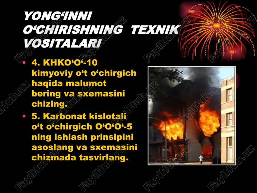 . yuqori haroratli yuzaga tushgan suv tezda bug‘lanadi. bug‘lanish natijasida uning xajmi 1700 marta ortadi va vaqtincha yonayotgan yuzani qamrab olib, havodagi o2 (kislorod) miqdorini kamaytiradi. uning sirt tarangligi kichik (0,073). karbonat angidrid gazini yong‘in chiqqan zonaga yo‘naltirish natijasida u yerdagi havoning tarkibida o2 miqdorini kamaytirish evaziga yong‘inni o‘chirishga erishilgan. bu gaz yonmaydi. inert gazlardan yong‘inni o‘chirishda azot va argon gazlari ham ishlatiladi. ular xam karbonat angidrid singari yong‘inni o‘chiradi. tutun gazlarida kislorod miqdori havodagidan bir muncha kam bo‘lib, taxminan 18-19% ni tashkil etadi. bu gazlar oxirigacha yondirilsa, undagi o2 (kislorod) miqdorini 5-6% gacha tushirish mumkin. bunday gazlar yong‘inni o‘chirishda bemalol qo‘llanilishi mumkin. ingibitorlar- galloidlangan uglevodlar yonish reaksiyasiga kimyoviy susaytirgich orqali ta’sir ko‘rsatib, yong‘inni to‘xtatadi. kukunli birikmalar - yonayotgan gazlar yengil alangalanuvchan, yonuvchan suyuqliklar kuchlanish ostida bo‘lgan elektr uskunalarini o‘chirishda ishlatiladi. ko‘pik-yonayotgan yuzaga tushib, uni qoplab olib, kislorod kirishdan to‘sadi va ajralib chiqayotgan suyuqlik yonayotgan yuzani sovutadi. hozirgi paytda ko‘pik …