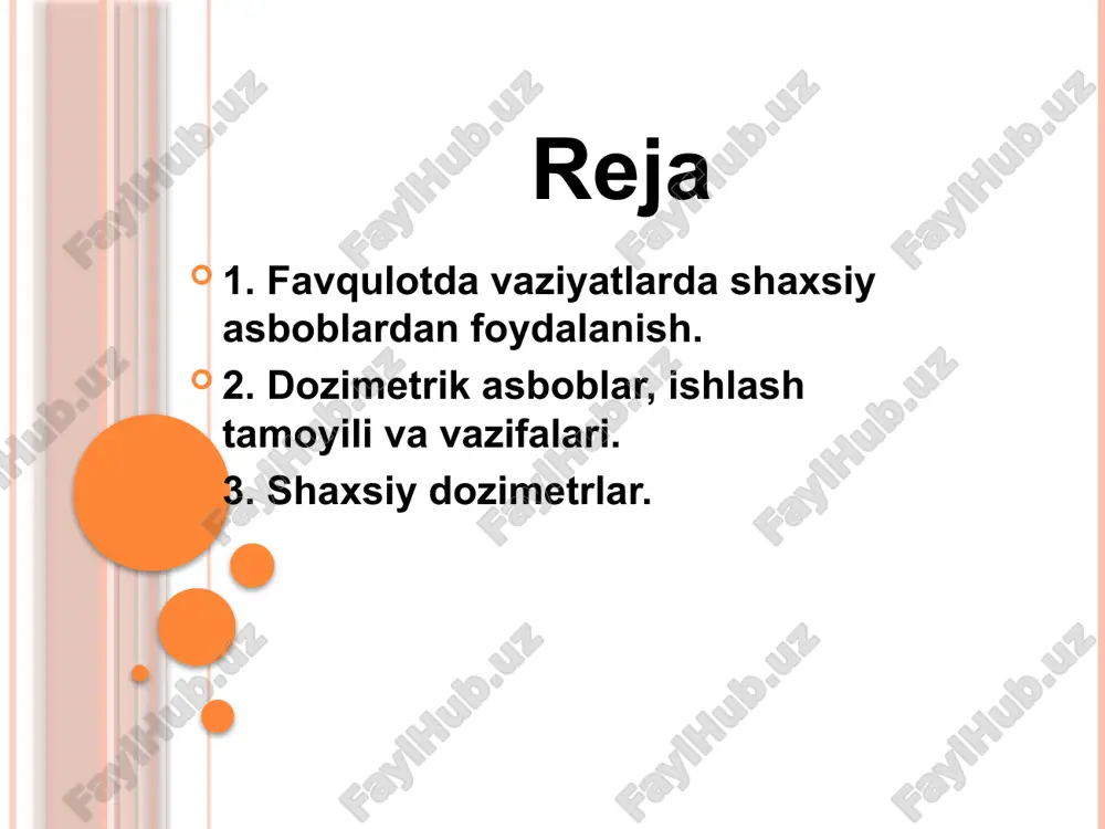 sh uchun ishlatiladigan asbob devori pleksiglas, polistiroldan yasaladi. radiometrlarda u, r-nurlanish oqimini o’lchash uchun zaryadli zarralar hisoblagichlari va ssintillyasiya qisoblagichlari ishlatiladi. d. a. lyuminessensiya, foto, ssintillyasiya, yarimo’tkazgich va b. xillarga ham bo’linadi. qo’zg’almas, ko’chma, qo’l va cho’ntak dozimetrlari ham bor. katta dozalarni o’lchash uchun fotografik, kimyoviy va ekzoelektron emissiyaga asoslangan dozimetrlar ishlatiladi. dozani aniqlashda esa strelkali apparatlar, sezgir fotoplyonkalar qo’llaniladi. dozimetrik asboblar, ishlash tamoyili va vazifalari. joylarda radiatsiya darajasini, radioaktiv moddalarni aniqlashda va tashqi muhit ob`yektlarining radioaktiv ifloslanishini o`lchashda dp-5 tupidagi dozimetrlardan foydalaniladi. bunda radiatsiya ta`siri va yutilgan nurlanish dozasi dp-22 v, dp-24, dp-23 a, id-1, id-2 dozimetrlar bilan o`lchanadi. dala rentgenometrlari dp-5 a va doza darajasini o`lchovchi dp-5 b, dp-5 v har xil predmetlarning gamma-nurlanish bo`yicha radioaktiv zararlanish va gamma radiatsiya darajasini o`lchash uchun mo`ljallangan. gamma nurlanishning ta`sir dozasi rentgen soatlarda (r/s) yoki millirentgen/soatlarda (mr/s) o`lchanadi. dp-5 a, dp-5 b, dp-5 v asboblari minus 400 dan plyus 500 gacha …