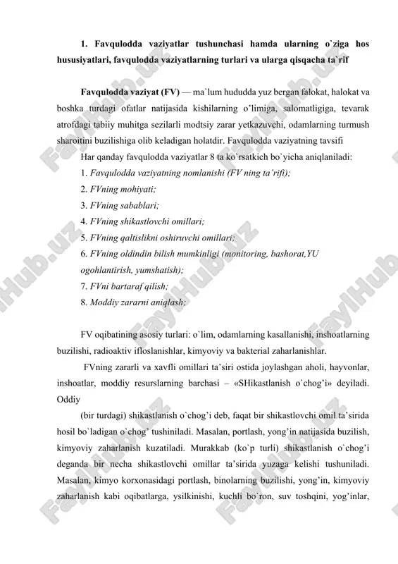 ini, yog’inlar, elektr tarmoqlarini ishdan chiqishi, zaharli gazlarning chiqib ketishi natijasida zaharlanish va boshqa talofatlarga olib kelishi mumkin. favqulodda vaziyatlar tavsifiga kura (sababi va kelib chikish manbaiga kura): 1. tabiiy tusdagi fv; 2. texnogen tusdagi fv; 3. ekologik tusdagi fvlarga bo’linadi. tabiiy tusdagi favqulodda vaziyatlarga 3 hil turdagi xavfli hodisalar kiradi: 1) geologik xavfli hodisalar: zilzilalar, ykuchishlari, tog upirilishlari va boshka xavfli geologik hodisalar; 2) gidrometeorologik xavfli hodisalar: suv toshki nlari, sellar, kor kuchkilari, kuchli shamollar (dovullar), jala va boshka xavfli gidrometerologik hodisalar; 3) favqulodda epidemiologik, epizootik va epifitotik vaziyatlar: alohida xavfli infektsiyalar (ulat, vabo, sargayma, isitma), yukumli kasalliklar, rikketsiyalarepidemik toshmali terlama, bril kasalligi, zoonoz infektsiyalar — sibir yarasi, kuturish, virusli infektsiyalar — spid; epidemiya — odamlarning guruh bulib yukumli kasallanishi, ularning zaharlanishi (zaharli modda bilan hamda oziqovqatdan ommaviy zaharlanish); epizootiya — hayvonlarning ommaviy kasallanishi yoki nobud bulishi; epifitotiya esa usimliklarning ommaviy nobud bulishidir. ekologik tusdagi favqulodda vaziyatlar. ekologik tusdagi …