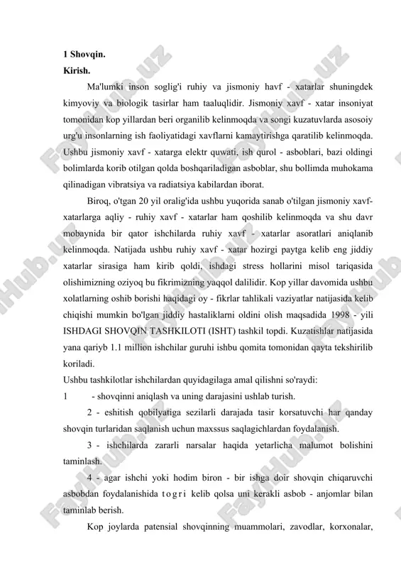 patensial shovqinning muammolari, zavodlar, korxonalar, buyum - anjomlar va servislar, qongiroq sentrlaridan iborat. albatta, yuqorida takidlab o'tilgan tahkilotlarning asosiy, bosh g'oyasi shovqin turlarining bosqichlarini baholab borishdan kora, nazorat qilib turishdan iborat. bu esa oz navatida ishchilarga kerakli bolgan munosib bolgan nisbatan ancha yaxshiroq, mukammalroq va dizayn jihatdan ancha yuqorilagan mahsus mashinalar (robotlar) bilan taminlanishi, va albata kerakli bolgan ish anjomlarining zararsiz qilib taminlab qoyilishidadir. ovoz havoda havo tolqinlari orqali tarqaladi va bu tolqinlar esa vibratsiyalar orqali yuzaga keladi. vibratsiyalar tolqinlarda bosim pay do bolsihini taminlab beradi va natijada qabul qilib oluvchi uni, detektorni, mikrofone yoki inson quloqlari qabul qilib oladi. havo detektori vibratsiyani 20 dan 20,000 gacha qilib, sikundiga esa davrlaning yoki chastotaning (o'rtacha hisobda 50 - 16000hz) olib chiqadi. ovoz tolqinlari havoda chegaralngan tezlikda 342m/s (20 gradus dengiz sathi) da tarqalib turadi ushbu tezlikning mavjudligi vaqtning nur va momaqaldiroqdan orqada qolishi bilan izohlanadi. shovqin asosan baland ovaozni birdaniga pay …