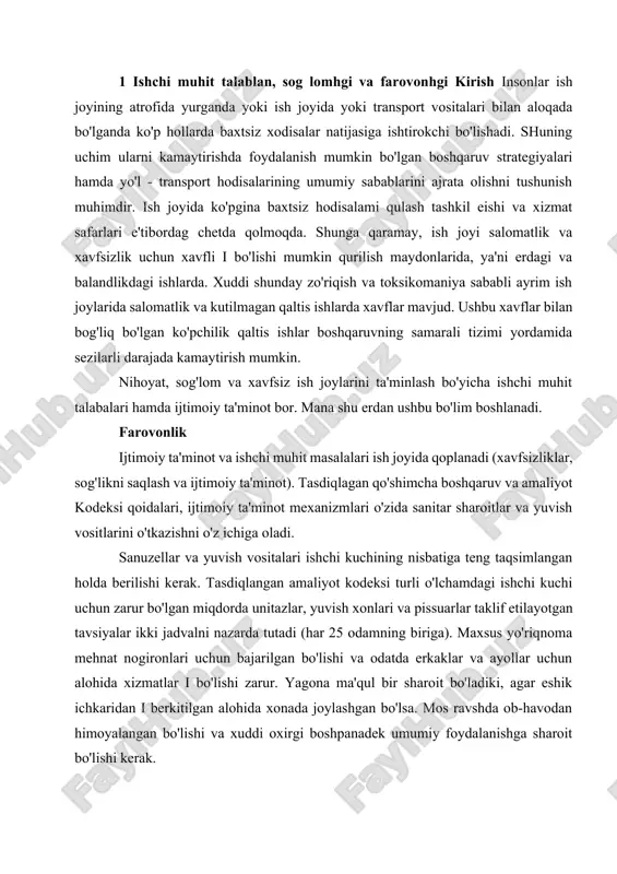 gan tavsiyalar ikki jadvalni nazarda tutadi (har 25 odamning biriga). maxsus yo'riqnoma mehnat nogironlari uchun bajarilgan bo'lishi va odatda erkaklar va ayollar uchun alohida xizmatlar i bo'lishi zarur. yagona ma'qul bir sharoit bo'ladiki, agar eshik ichkaridan i berkitilgan alohida xonada joylashgan bo'lsa. mos ravshda ob-havodan himoyalangan bo'lishi va xuddi oxirgi boshpanadek umumiy foydalanishga sharoit bo'lishi kerak. issiq suv, sovun va sochiqlar zahirasi imkon darajasida sanitar-maishiy xonaga yaqin ta'minlangan bo'lishi kerak. asbob-uskunalar yaxshi yoritilgan, shamollatilgan va devor hamda pollar oson tozalanishi kerak. ayrim turdagi ishlar uchun cho'milish xonasini ajratish zarurati bo'lishi mumkin. qo'lda quritish uchkunalari ruxsat berilgan, ammo qo'lda to'liq quritishning va shunday qilib barcha bakteriyalarni yo'qotishning samarasi haqida muammolar bor. vaqtinchalik yoki alohida hududdagi ishlar holatida etarli darajadagi kimyoviy xojatxona va konteynerlarda etarli darajadagi yuvish suvlari ta'minlangan bo'lishi kerak. 1-rasm. yuvinishga qulayliklar: odamlarga elkalari bilan yuvinish uchun etarli darajada kattalikdagi rakovina ushbu barcha ob'ektlar doimiy tozalanadigan, yorug' va yaxshi shamollatiladigan …