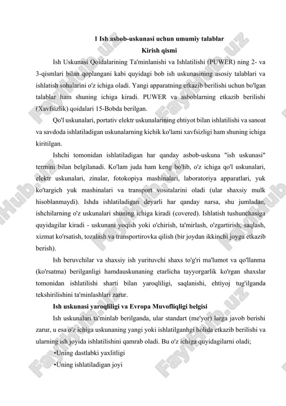 joyida ishlatilishini qamrab oladi. bu o'z ichiga quyidagilarni oladi; · uning dastlabki yaxlitligi · uning ishlatiladigan joyi · uning ishlatilishi maqsadi ish uskunasining ishi ta'minlab berilishi bilan shug'ullanuvchi ikkita guruh qonun bor: • uning biri ishlab chiqaruvchi va etkazib beruvchilarning qiladigan ishi bilan shug'ullanadi. bu "etkazib berish" qonuni deb ataladi. eng keng tarqalganlaridan biri-bu asbob-uskunaning etkazib berilishi (xavfsizligi) tartiblari, 1998-y. bo'lib, bu ishlab chiqaruvchilar va etkazib beruvchilarning uskunaning etkazib berilganda uning xavfsizligi hamda uning em belgisiga ega ekanliginini ta'minlab berishini talab qiladi. uning dastlabki maqsadi-bu ishdagi kishilarni himoya qilish emas, balki evropa ittifoqi bo'ylab savdo to'siqlarini oldini olish. • boshqasi esa apparat va boshqa ish uskunalaridan foydalanuvchi kishilarning nima qilishlari zarurligi bilan shug'ullanadi. bu "foydalanuvchi" qonuni, puwer 98 deb ataladi va ish uskunarining ko'p qismlariga nisbatan qo'llanilishi mumkin.uning dastlabki maqsadi- ishdagi kishilarni himoya qilish. "foydalanuvchi" qonuni ko'ra, ishchilar to'g'ri tipdagi xavfsiz uskunani ta'minlab berishi, uning to'g'ri ishlatilayotganligiga va xavsiz sharoitda …
