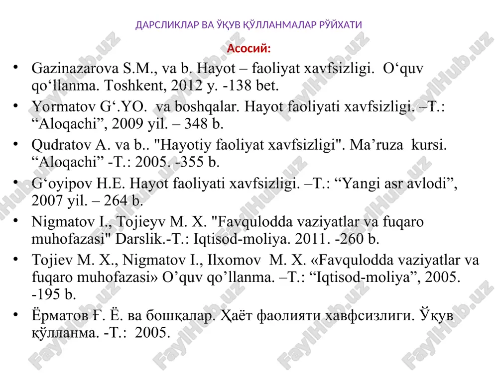 циянинг 3-моддасида шундай дейилган “ҳар бир инсон яшаш хуқуқига эга...”; 23-моддасида эса “- ҳар бир инсон меҳнат килиш, эркин касб танлаш, адолатли ва қулай шароитлар ... хуқуқига эга”. ҳаётий фаолият хавфсизлигининг қонуний- ҳуқуқий негизи ва бошқариш ўзбекистон республикаси аҳоли ва ҳудудларни фавқулодда вазиятлардан муҳофаза қилишда бир қатор ҳуқуқий-меъёрий асосларга таянилади. булар ўзбекистон республикаси конституцияси, ўзбекистон республикаси президентининг фармонлари, ўзбекистон республикаси қонунлари, вазирлар маҳкамасининг қарорлари ва фавқулодда вазиятлар вазирлигининг кўрсатма ва буйруқларидан иборат. ўзбекистон республикаси президентининг 2020 йил 22 июндаги пф-6012-сон фармони инсон ҳуқуқлари бўйича ўзбекистон республикасининг миллий стратегиясини тасдиқлаш тўғрисида ўзбекистон республикаси конституцияси 6та бўлим, 26та боб, 128та моддадан иборат. ўзбекистон республикаси конституциясининг 37-моддасида шундай дейилган: “ҳар бир шахс меҳнат қилиш, эркин касб танлаш, адолатли меҳнат шароитларида ишлаш ва қонунда кўрсатилган тартибда ишсизликдан ҳимояланиш ҳуқуқига эгадир”. бу модда “инсон ҳуқуқлари” умумий декларациясининг 23-моддаси билан ҳамоҳангдир. асосий қомусимиз бўлган ўзбекистон республикаси конституциясининг асосини ҳам инсон, унинг қадр-қиммати, саломатлиги ташкил этади. инсоннинг …