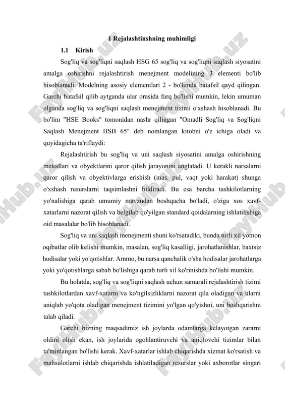 boshqarishni talab qiladi. garchi bizning maqsadimiz ish joylarda odamlarga kelayotgan zararni oldini olish ekan, ish joylarida ogohlantiruvchi va aniqlovchi tizimlar bilan ta'minlangan bo'lishi kerak. xavf-xatarlar ishlab chiqarishda xizmat ko'rsatish va mahsulotlarni ishlab chiqarishda ishlatiladigan resurslar yoki axborotlar singari ish joylarida yuzaga kelishi mumkin. ish joylardagi ko'ngilsizliklardan va xavf-xatarlardan ogohllantiruvchi tizim biznesning har jabhasida kerak bo'ladi. 1.2 xavf-xatarni nazorat qilish tizimi xavf-xatarni nazorat qilish tizimlari bu ish joylarida yetarlicha ogohlantiruvchi tizimlar bilan ta'minlanganligi va aniqlanganligiga ishonch komil qiluvchi asos bo'lib hisoblanadi. xavf-xatarni aniqlovchi qaysi nazorat tizimi kerak bo'lishi mumkinligi 1-rasmda, harakatning turli xil ko'rinishlarida berib o'tilgan. 1-rasm. mehnat muxofazasini boshqaruv tizimining asosiy elementlari - bo'limi tashkilotga kirayotgan xavf-xatar va ko'ngilsizliklarni kamaytirishni o'z ichiga oladi. · bo'limi o'sha jarayon bilan bog'liq bo'lgan xavf-xatarni nazorat qilishni anglatadi. · bo'limi tashkilotlar tomonidan ishlab chiqarilgan mahsulotlardagi yoki tashqi xavf-xatarni nazorat qilishni maqsad qilib qo'yadi. xavf-xatarni nazorat qiluvchi tizim barcha bo'lishi mumkin bo'lgan ko'ngilsizliklarni o'z ichiga …
