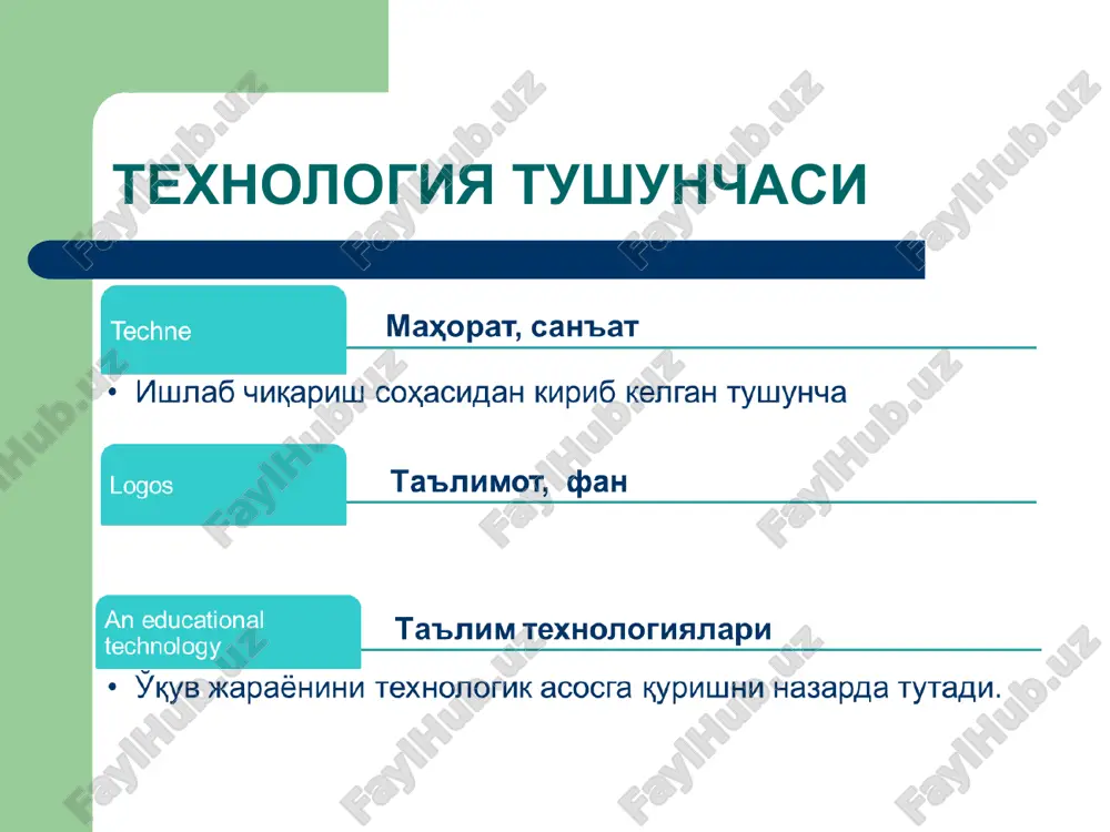 ри. мақсади кам вақт ва кам куч сарфлаган ҳолда юқори натижаларга эришиш анъанавий таълимнинг ижобий жихатлари 1.системалилик характерга эга 2.тартибга солинган ,мантиқий боғланишнинг мавжудлиги 3.ўқитувчининг эмоционал таъсири домий 4. умумий ўқитишда ялпи ёндошувнинг мавжудлиги анъанавий таълимнинг салбий жихатлари 1.системалилик характерга эга, бир хилликнинг устунлиги 2.дарс вақтини тежамлм тақсимланмаганлиги 3.янги мавзуни ўрганишда йўналиш берилади. асосий фаолият эса уй вазифага юклатилади 4.талабалар ўзаро мулоқотдан махрум анъанавий таълимнинг салбий жихатлари 6.мустакилликнинг йўқлиги 7 талабалар пассив ҳолтни эгаллаши 8.талабанинг нутқий фаолиятининг камлиги (ўртача 2 минут) 9.ўрта меъёрий ёндашиш 10.индивидуал ёндашувнинг йўқлги 11.кафолатланган натижага эга эмаслиги 12.таълим мақсадлари аниқ белгиланмаган. адабиётлар маллаев .о .янги педагогик технологиялар .2000 й толипов у,усмонбоева м педагогик технология: назария ва амалиёт. т фан 2005. хошимова м. педагогик технологиялар ва педагогик махорат. маърузалар матни. т 2011 эътиборингиз учун рамат