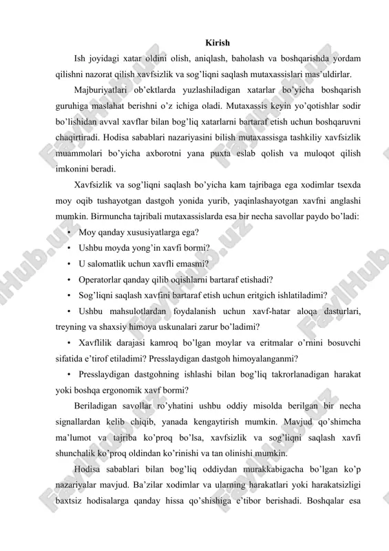 sa sabablari bilan bog’liq oddiydan murakkabigacha bo’lgan ko’p nazariyalar mavjud. ba’zilar xodimlar va ularning harakatlari yoki harakatsizligi baxtsiz hodisalarga qanday hissa qo’shishiga e’tibor berishadi. boshqalar esa boshqaruv va uning baxtsiz hodisalarga olib boradigan vaziyatlarni oldini olish majburiyatlariga e’tibor qaratishadi. nazariyalar- bu faktlar emas; ular - kelajakda mavjud bo’lishi mumkin munosabatlarni oldindan bashorat qilish vositalari. baxtsiz hodisalar tasodifan paydo bo’ladigan voqealar emas, balki ular muayyan sabablarga egadirlar. ular tasodifiy voqealar emas; ular, odatda, oldindan va oldini olish mumkin bo’ladigan voqealardir. bir yoki bir necha nazariyalarni qo’llash orqali mutaxassis baxtsiz hodisalarni oldindan bashorat qilishi va ularning yuzaga kelishini yoki takrorlanishini oldini oladigan harakatlarni boshlash ehtimoli ko’proq bo’ladi. baxtsiz hodisalar tizim kamchiliklari yoki tashkilotning boshqaruv muammolarini ko’rsatib beradi. boshqaruv tizimi baxtsiz hodisalar atrofidagi barcha o’zgaruvchilarni nazorat qiladi. u ish muhitini yaratadi. u e’lonlar joylashtiradi, ishga yollaydi, joylashtiradi, o’qitadi va ishchilarni nazorat qiladi. boshqaruv tizimi bajarilishi kerak bo’lgan ish uchun mukofotlaydi va tartibi buzilganda …
