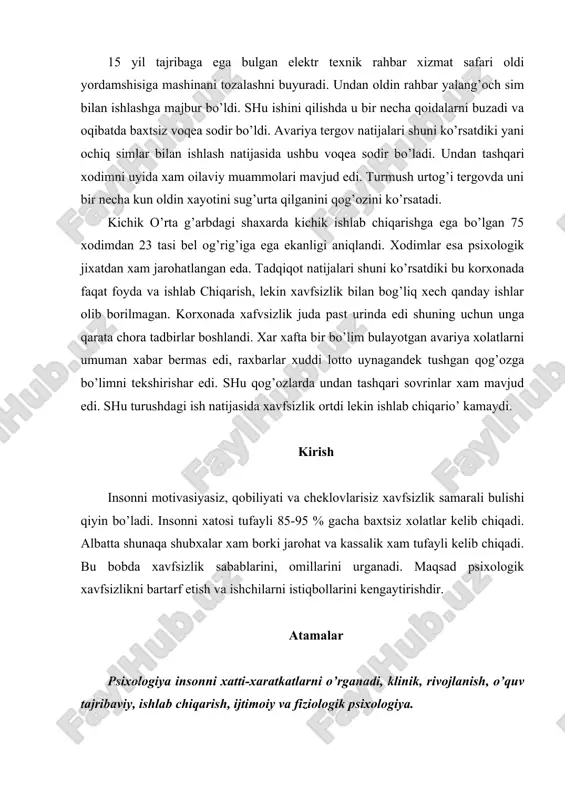 , bizning xissiy va etiqodga asoslangan bo’ladi. masalan: agar bir kishi psixologiya va xavfsizlik: insonga zarar keltirilgan elementlarni, baland buyli odamlar nolishlarida shuni aytish mumkinki baland buyli odamni beli og’riganda uni buyidan kelib chiqqan xolda bulgan.uni ishda xech qanday muammosi bo’lishi mumkin emas chunki u 180 funtgacha yukni kutarishi mumkin. agar u xaqiqatdan xam ishlash niyati bulsa u ishning barcha og’irliklarini bo’yniga oladi. bu munosabat insonni jaroxat munosabatiga qanday ta’sir qilishi mumkin ekanligini ko’raylik. professional xafvsizligini aniqlash, xodisa bilan bog’liq bo’lsa tahlil qilish, qazo xolatlarda tergov qilish kabi savollar paydo bo’ladi. individual munosabatlar e’tibor noto’g’ri yunalishlarga olib kelishi mumkin. ishdan mamnun bo’lish bu – shaxsni xissiy to’yg’u ekanligi va u uz ish urinda paydo bo’ladi. odamlar uzlarini ishlaridan mamnun bo’lishsa shunda ular uzlarini ishlari xaqida mamnunliklarini aytishadi va axloqqa xam ta’sir qiladi. axloq jismoniy shaxslarni extiyojlaridan va darajadan kelib chiqib ish o’rinlariga munosabati xisoblanadi. bazi tadqiqotchilar axloqi past bo’lsa unda …