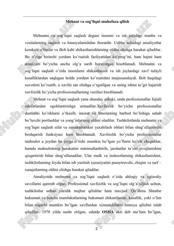 rofessional xavfsizlik va sog’liqni olg’a siljish uchun, tashkilotlar uchun yuridik majbur qilishlar ham mavjud. qo’shma shtatlar hukumati va barcha mamlakatlarning hukumati shikastlanish, kasallik, yoki o’lim bilan tugashi mumkin bo’lgan xavflardan xizmatchilarni himoya qilishni talab qiladilar. 1970 yilda nashr etilgan, odatda osha akti deb ma’lum bo’lgan, mehnatni va sog’liqni saqlash qonuniga muvofiq, qo’shma shtatlarda har bir ish beruvchi ish joyida xavsizlik va sog’liqni ta’minlab berishga majbur. ayrim tadbirkorlar uchun inson hayotini saqlashdan ko’ra boshqa maqsadlar muhimroq. tashkilot xavfsizlik va salomatlikni istisno etib diqqat – e’tiborini unumdorlik va daromadga qaratishi mumkin. menedjerlar shikastlarni va kasalliklarni ishning oddiy bir qismi deb ko’rishlari mumkin. haqiqatda ish joyidagi ko’ngilsiz voqealar bilan bog’liq bo’lgan xarajatlarni qoplashi lozim bo’lgan, ishlab chiqarish hajmi, xavfsizlik va sog’lom ishlab chiqarish sharoitlarini ta’minlab beruvchi harajatlarga qaraganda ahamiyatli bo’lishi, oshishi mumkin. xavfsizlik professionalining roli ish joyining shart - sharoitlarini nazarot qilishni va boshqarishga ahloqiy, yuridik va iqtisodiy kamchiliklarning keskin oldini olish muhim …