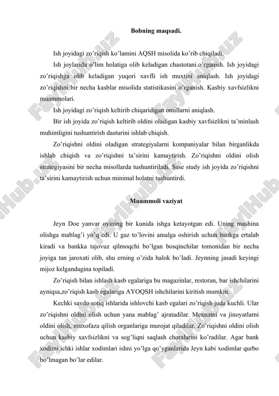 ib topshirilishi kerak. barcha xodimlar to’g’risida, uning oila a’zolari to’g’risida ma’lumotnomalar to’ldirilishi shart. bu erlarga kuzatuv kameralari o’rnatilgan bo’lishi kerak. xodimlar o’zini-o’zi himoya qilish bo’yicha malakasini oshirishi kerak. xavfsizlik kamerasi o’rnatish kerak. ichki ishlar xodimlari bilan to’g’ridan-to’g’ri aloqa o’rnatilishi kerak. katta pullarni saqlovchi aloxida xona bo’lishi kerak. bu xonadon foydalanish bo’yicha yo’riqnomalar ko’rsatilishi kerak. avtomobillarni to’xtash va saqlash joylari bo’lishi shart. barcha inshootlar yoritish uskunalari bilan ta’minlanishi kerak. tungi soqchilar ikkita va undan ortiq bo’lishi shart va soqchilar telefon, signalizatsiya bilan ta’minlanishi kerak. aqshning shimoliy karolina shtatida xodimlarhimoyasiga yordam uchun eshiklar kiraverishiga turniketlar o’rnatilgan. xodim o’z bilan ishlashi uchun turli moslamalar o’rnatilgan. bu moslamalar ham vaqtni, ham xavfsizlikni ta’minlaydi. xaridor do’konga kirishi uchun juda ko’p qulayliklar bo’lishi kerak. keng xona, katta oynalar to’liq yoritilgan bo’lishi kerak. bu oynani berkitib turgan turli yorug’lar, plakatlar bo’lmasligi kerak. yanada yaxshi choralardan biri do’konlarga vibroqo’ng’iroq, ularni ishini aktivlashtirish kerak. xodim vibroqo’ng’iroq bilan ishlashini bilsa, …