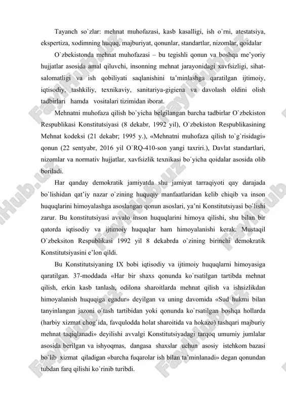 espublikasi 1992 yil 8 dekabrda o`zining birinchi demokratik konstitutsiyasini e’lon qildi. bu konstitutsiyaning ix bobi iqtisodiy va ijtimoiy huquqlarni himoyasiga qaratilgan. 37-moddada «har bir shaxs qonunda ko`rsatilgan tartibda mehnat qilish, erkin kasb tanlash, odilona sharoitlarda mehnat qilish va ishsizlikdan himoyalanish huquqiga egadur» deyilgan va uning davomida «sud hukmi bilan tanyinlangan jazoni o`tash tartibidan yoki qonunda ko`rsatilgan boshqa hollarda (harbiy xizmat chog`ida, favqulodda holat sharoitida va hokazo) tashqari majburiy mehnat taqiqlanadi» deyilishi avvalgi konstitutsiyadagi tarqoq umumiy jumlalar asosida berilgan va ishyoqmas, dangasa shaxslar uchun asosiy istehkom bazasi bo`lib xizmat qiladigan «barcha fuqarolar ish bilan ta’minlanadi» degan qonundan tubdan farq qilishi ko`rinib turibdi. shu bobning 38-moddasida «barcha yollanib ishlayotgan fuqarolar dam olish huquqiga egadirlar. ish vaqti va haq to`lanadigan mehnat ta’tilining muddati qonun bilan belgilanadi» deyilgan jumla ham bir muncha ijobiy xususiyatlarga ega. dam olish huquqini ta’minlash, mana shu huquqni amalga oshirilishini ta’minlaydigan ijtimoiy bazaga asoslanishi kerak. bu bandda ana shu bazani …