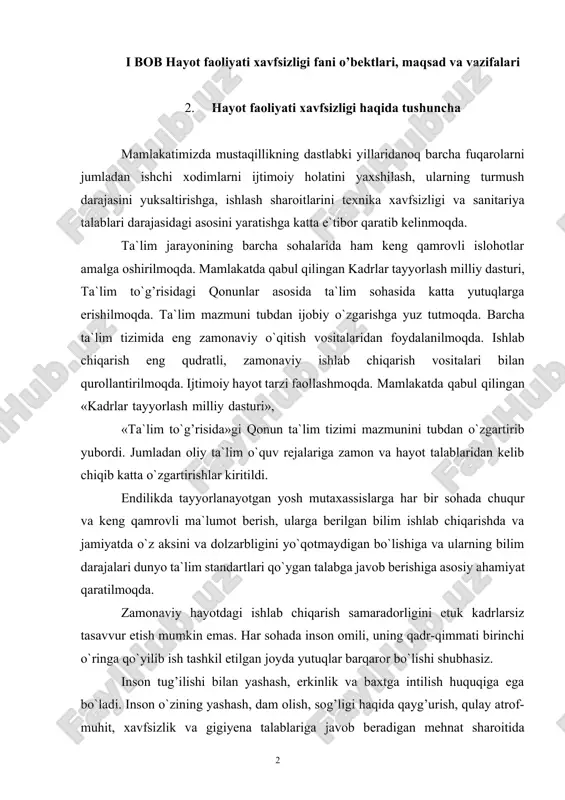 minlash i bob hayot faoliyati xavfsizligi fani o’bektlari, maqsad va vazifalari 2. hayot faoliyati xavfsizligi haqida tushuncha mamlakatimizda mustaqillikning dastlabki yillaridanoq barcha fuqarolarni jumladan ishchi xodimlarni ijtimoiy holatini yaxshilash, ularning turmush darajasini yuksaltirishga, ishlash sharoitlarini texnika xavfsizligi va sanitariya talablari darajasidagi asosini yaratishga katta e`tibor qaratib kelinmoqda. ta`lim jarayonining barcha sohalarida ham keng qamrovli islohotlar amalga oshirilmoqda. mamlakatda qabul qilingan kadrlar tayyorlash milliy dasturi, ta`lim to`g’risidagi qonunlar asosida ta`lim sohasida katta yutuqlarga erishilmoqda. ta`lim mazmuni tubdan ijobiy o`zgarishga yuz tutmoqda. barcha ta`lim tizimida eng zamonaviy o`qitish vositalaridan foydalanilmoqda. ishlab chiqarish eng qudratli, zamonaviy ishlab chiqarish vositalari bilan qurollantirilmoqda. ijtimoiy hayot tarzi faollashmoqda. mamlakatda qabul qilingan «kadrlar tayyorlash milliy dasturi», «ta`lim to`g’risida»gi qonun ta`lim tizimi mazmunini tubdan o`zgartirib yubordi. jumladan oliy ta`lim o`quv rejalariga zamon va hayot talablaridan kelib chiqib katta o`zgartirishlar kiritildi. endilikda tayyorlanayotgan yosh mutaxassislarga har bir sohada chuqur va keng qamrovli ma`lumot berish, ularga berilgan bilim ishlab chiqarishda …