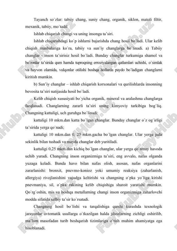 tida salbiy ta’sir ko`rsatadi. changning hosil bo`lishi va tarqalishiga qarshi kurashda texnologik jarayonlar avtomatik usullarga o`tkazilgan halda jihozlarning zichligi oshirilib, ma’lum masofadan turib boshqarish tizimlariga o`tish muhim ahamiyatga ega hisoblanadi. zaharli gazlar va ularning ta’sir turlari ishlab chiqarish zaharlanishi deb, insonga mehnat sharoitida ta’sir etadigan, ish qobiliyati va sog`lig`ini susaytiradigan kasbiy yoki ishlab chiqarishda ro`y beradigan zaharlanishlarni vujudga keltiradigan omillarga aytiladi. ishlab chiqarish zaharlarining inson organizmiga ta’sir qilish belgilarini, ularning zararli va xavfliligi darajasini, asosan toksikologiya fani o`rganadi hamda zaharli gazlardan xavfsiz foydalanish maqsadida gigiyenik me’yorlar, tavsiyalar ishlab chiqadi. zaharlar umumiy va mahalliy ta’sir qilishi mumkin. a) umumiy ta’sir zaharning qonga so`rilishi natijasida rivojlanadi. masalan, marganetsdan zaharlanishda asab tizimi, benzol ta’sirida esa, qon ajratish organlari zarar ko`radi. b) mahalliy ta’sir ko`rsatishda, inson organizmidagi to`qimalarning shikastlanishi: ta’sirlanish, yallig`lanish hodisalari, ishqorli va kislotali eritmalar va bug`lar bilan ishlaganda teri hamda shilliq pardalar kuyadi. ishlab chiqarishda zaharlanishlar o`tkir, o`rtacha va surunkali bo`lib, quyidagicha …